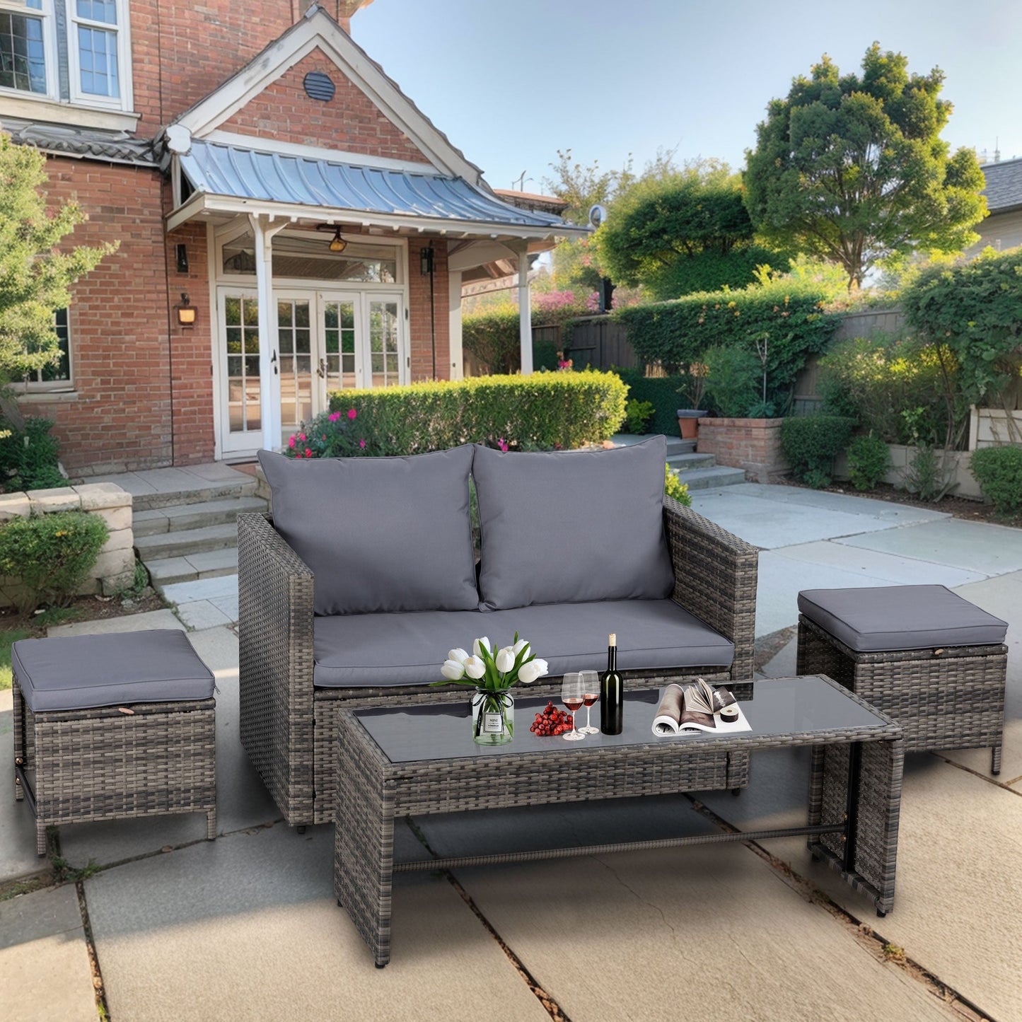 Walsunny 4 Piece Patio Furniture Set Outdoor Wicker Conversation Set Rattan Sectional Sofa with Cushions & Coffee Table