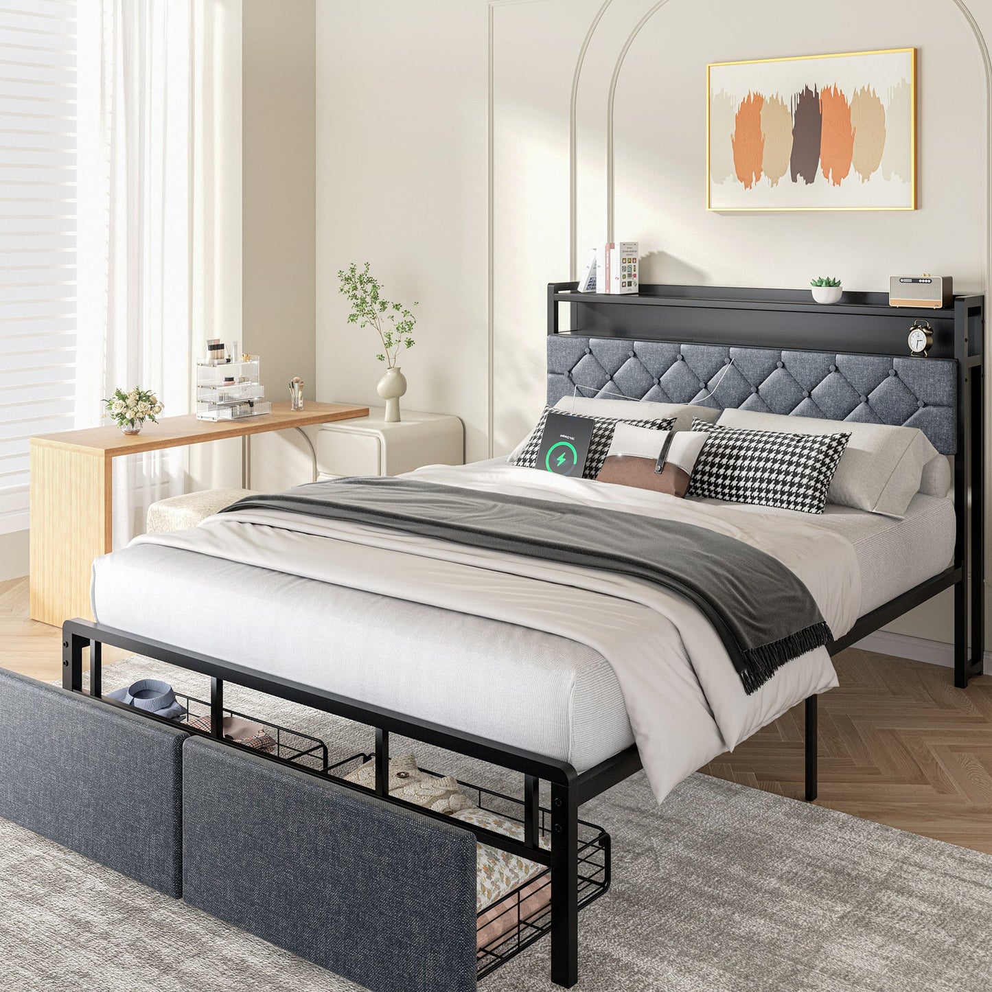 Walsunny Bed Frame with Led Light and Drawers Metal Platform Bed with Button Tufted Headboard Strong Metal Slats