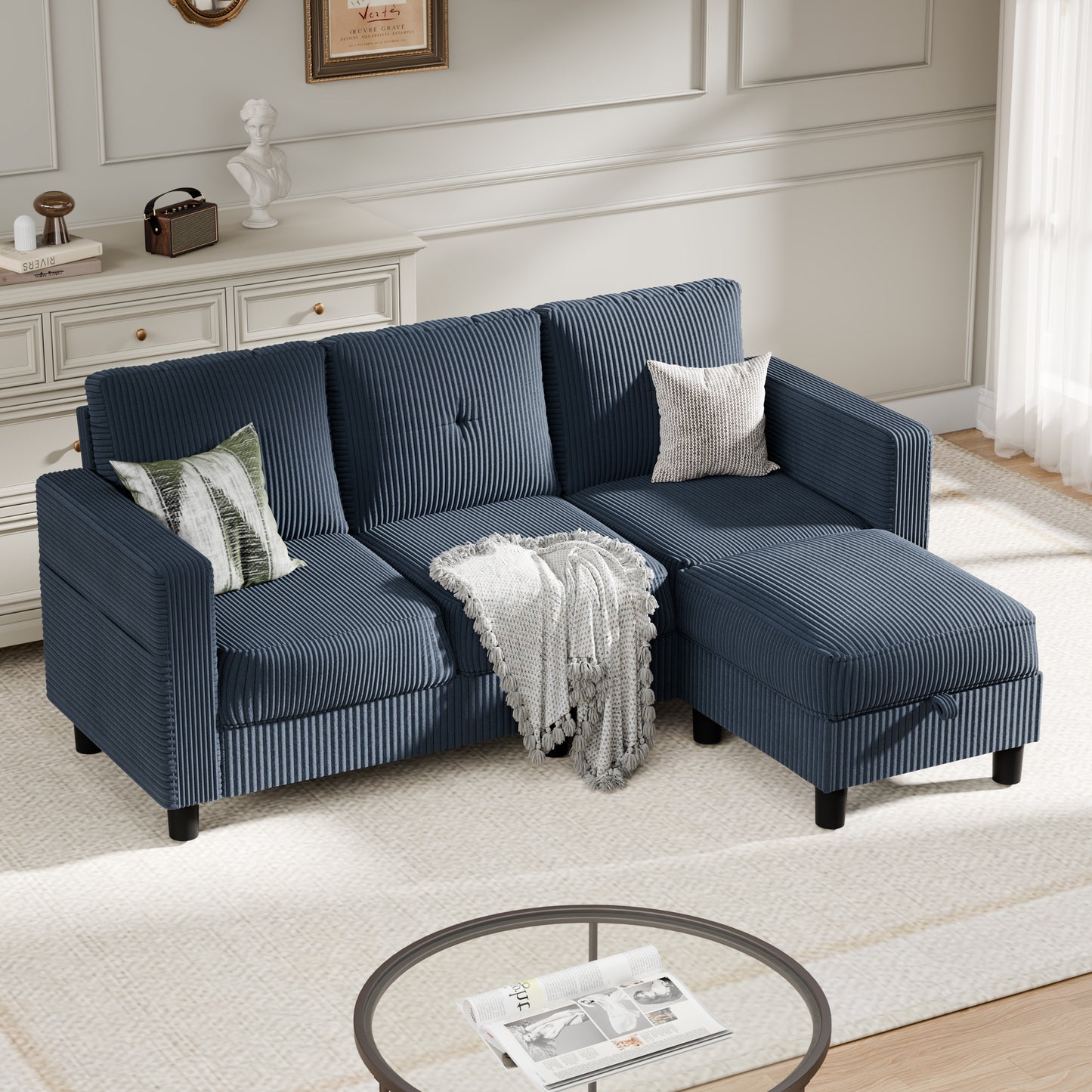 Convertible Sectional Sofa Couch, Modern Linen Fabric L-Shaped 3-Seat Sofa Sectional with Reversible Chaise for Small Space