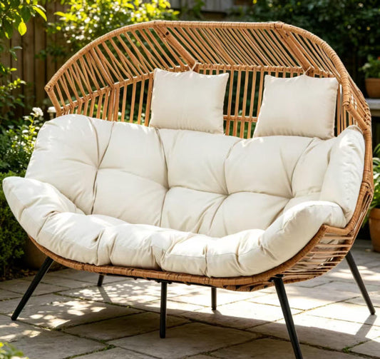 Walsunny Double Egg Chairs Outdoor Patio Wicker Oversized Egg Shell Lounger Lawn Chair with Cushion for Indoor Outside Porch Balcony Backyard, Original Wood Color Rattan Beige Cushion