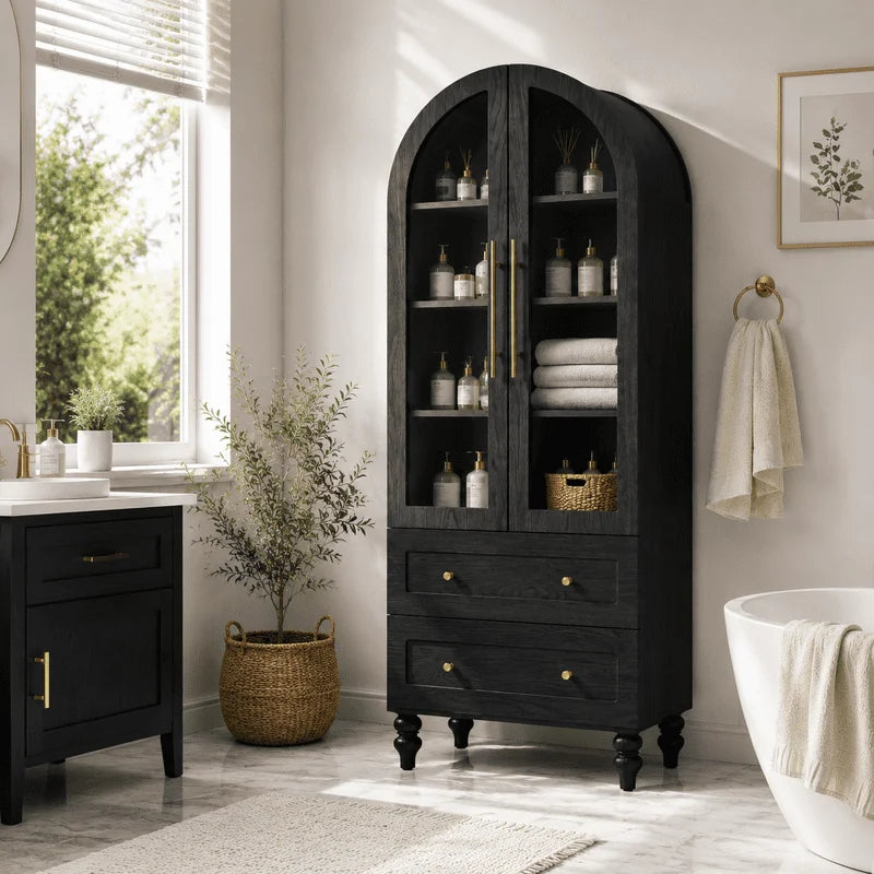 Walsunny Arched Freestanding Bathroom Storage Cabinet with Drawers Glass Doors, Wooden Tall Cabinet with Shelves, Space-Saving Organizer for Bathroom