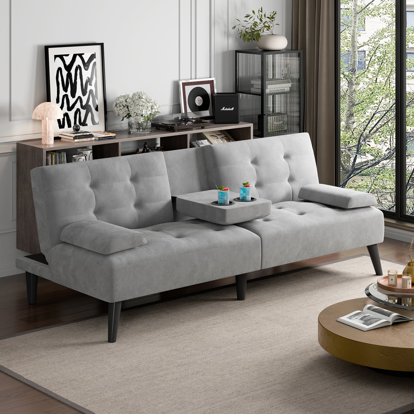 Walsunny Futon Sofa Bed with Hidden Cup Holders, Modern Convertible Folding Futon Couch with 3-Angle Adjustment for Living Room, Small Space