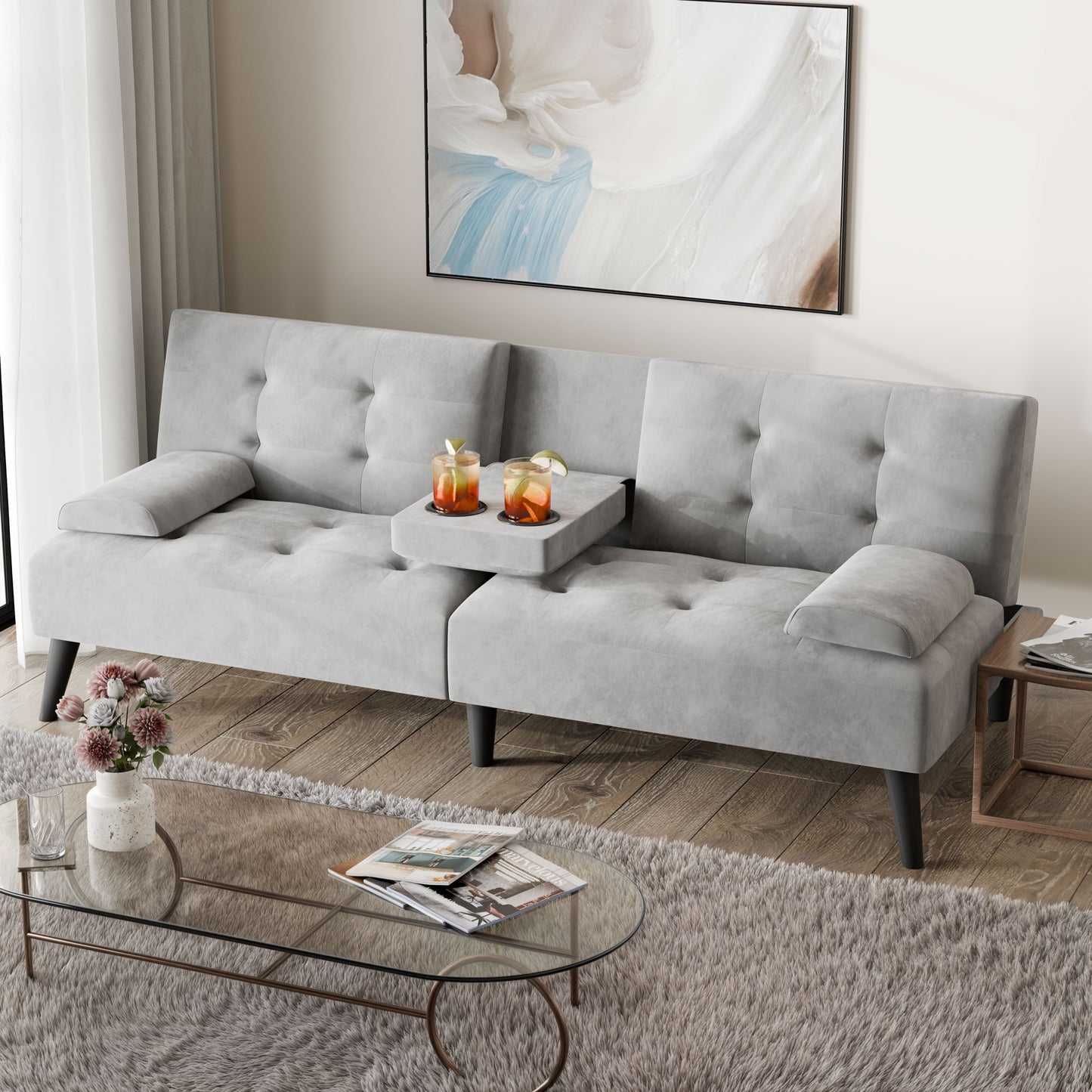 Walsunny Convertible Futon Sofa Bed, Foldable Futon Sleeper Sofa Bed with 2 Cup Holders, Folding Loveseat Recliner with 3-Angle Adjustment Modern Couch for Living Room, Small Space