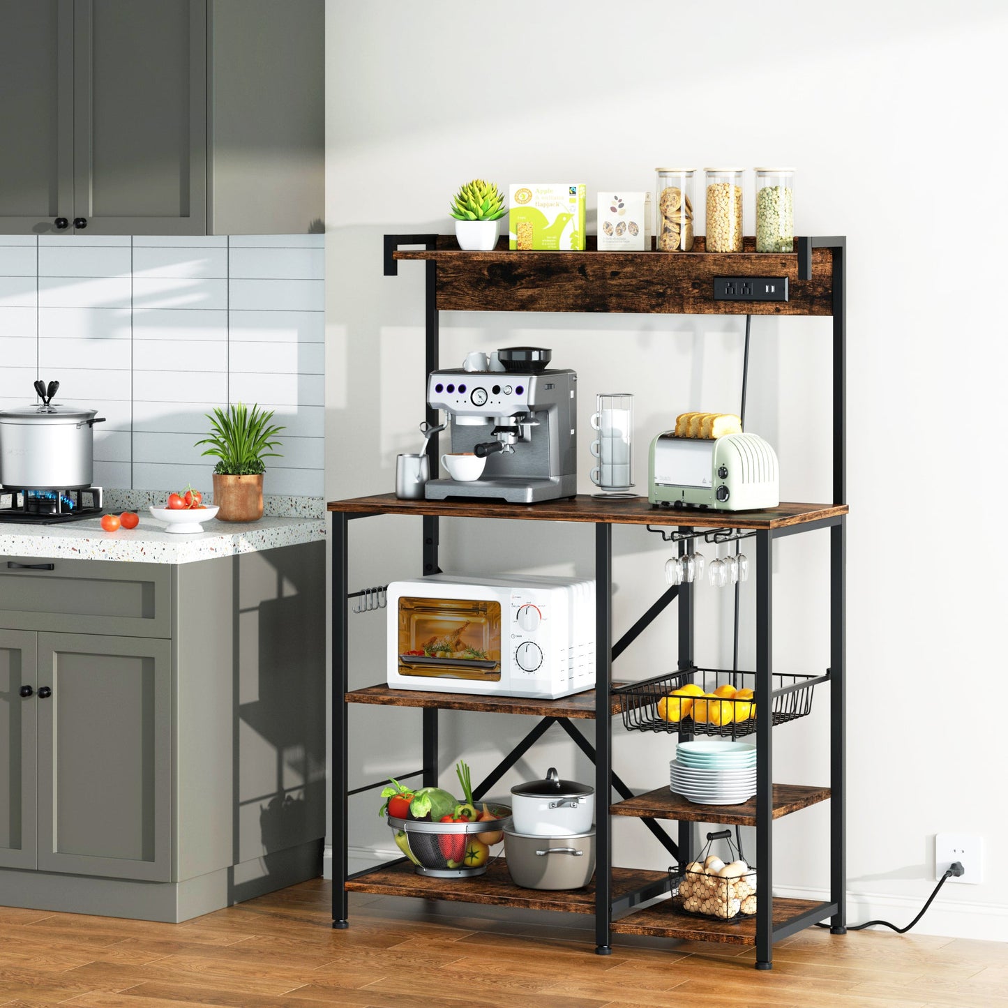 WALSUNNY Kitchen Bakers Rack with Power Outlet  Coffee Bar Table 4 Tiers