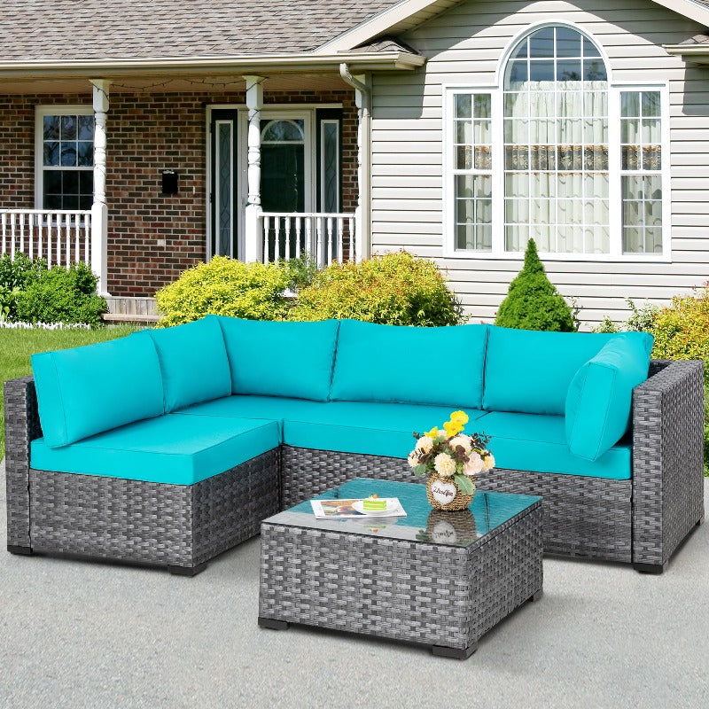 Walsunny Patio Furniture 5 Pieces Outdoor Sectional Sofa Set, Silver Wicker#color_blue