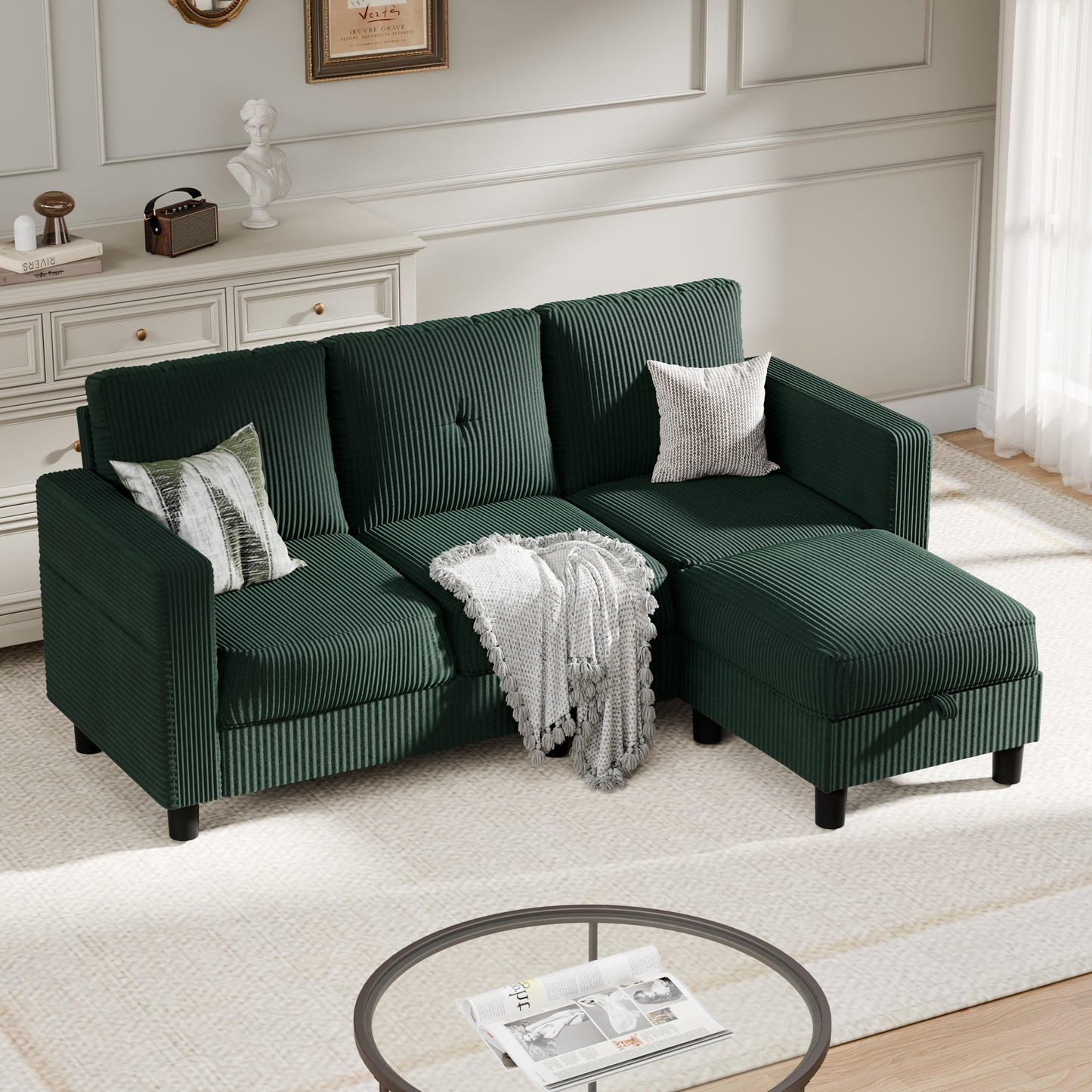 Convertible Sectional Sofa Couch, Modern Linen Fabric L-Shaped 3-Seat Sofa Sectional with Reversible Chaise for Small Space