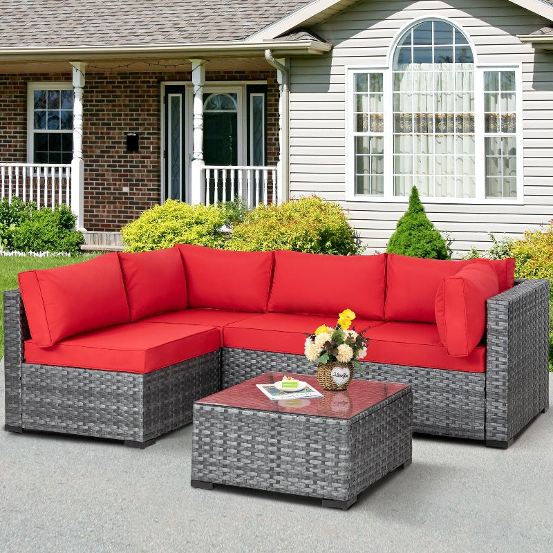 Walsunny Patio Furniture 5 Pieces Outdoor Sectional Sofa Set, Silver Wicker#color_red