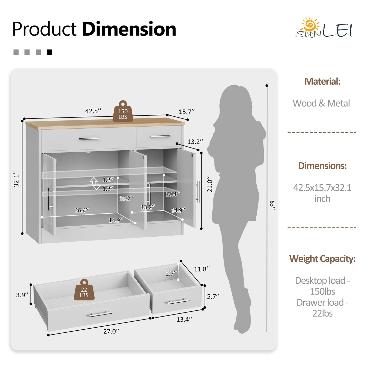 Walsunny Kitchen Buffet Sideboard Cabinet with Adjustable Shelf,Wooden Storage Cabinet with 3 Doors and 2 Drawers,Modern Farmhouse Coffee Bar Cabinet with Storage for Kitchen/Living Room