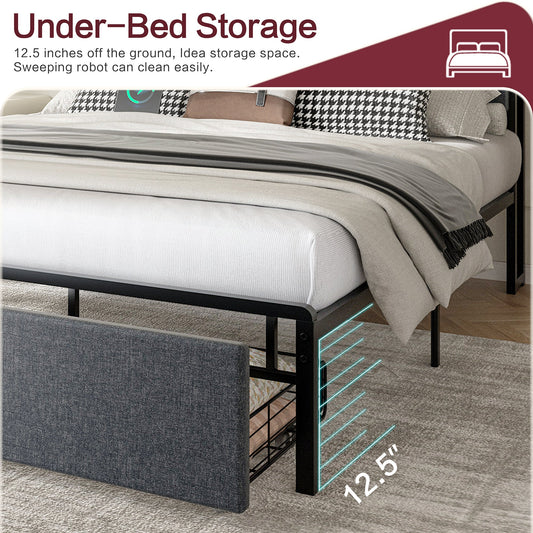 Walsunny Bed Frame with Led Light and Drawers Metal Platform Bed with Button Tufted Headboard Strong Metal Slats