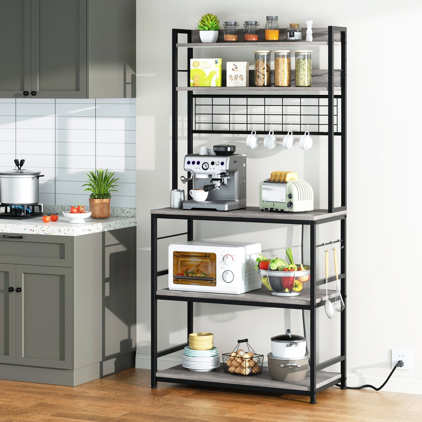 Walsunny Kitchen Bakers Rack with Power Outlet, Coffee Bar Table 3Tiers （Clearance）