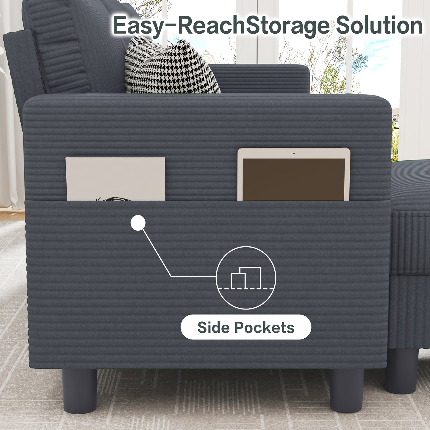 Walsunny 3-Seat L Shaped Modern Sectional Sofa with Storage Ottoman and Side Pockets US80