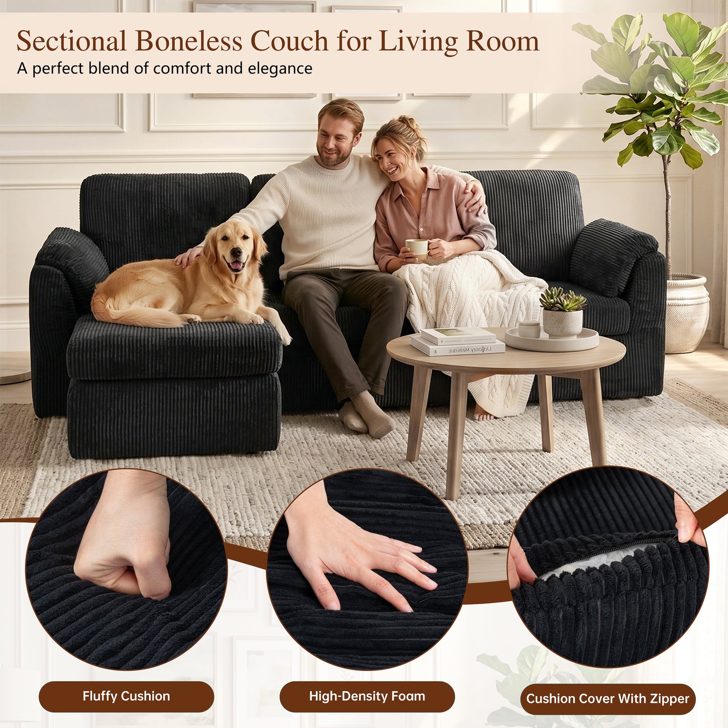 Walsunny Sectional Sofa with Storage Chaise and Ottoman, 3 Seat L-shaped Sofa Couch, Modern Soft Fabric Modular Sofa for Living Room