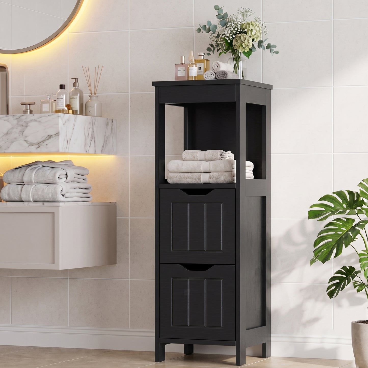 Walsunny Bathroom Storage Cabinets Floor Cabinet Organizer Freestanding Narrow Cabinet with Drawer Open Shelf for Bathroom Laundry
