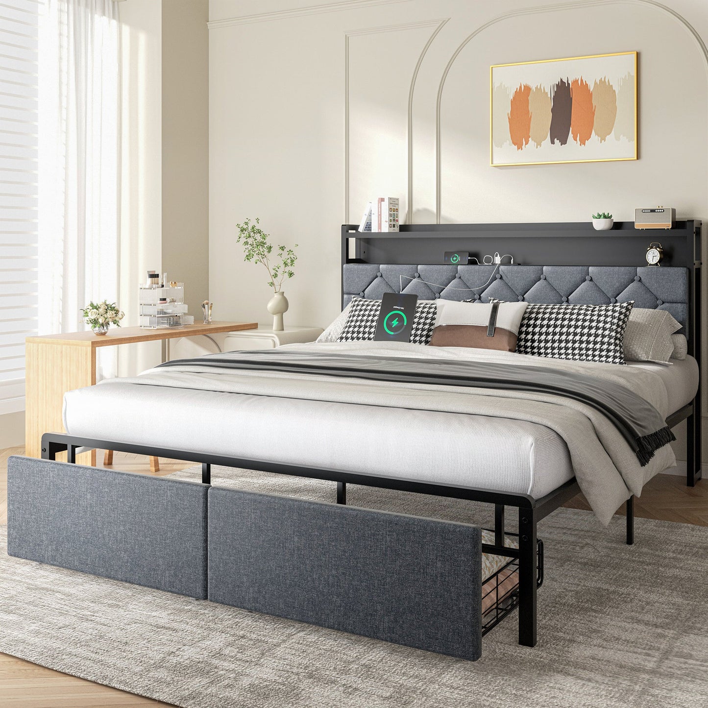Walsunny Bed Frame with Led Light and Drawers Metal Platform Bed with Button Tufted Headboard Strong Metal Slats