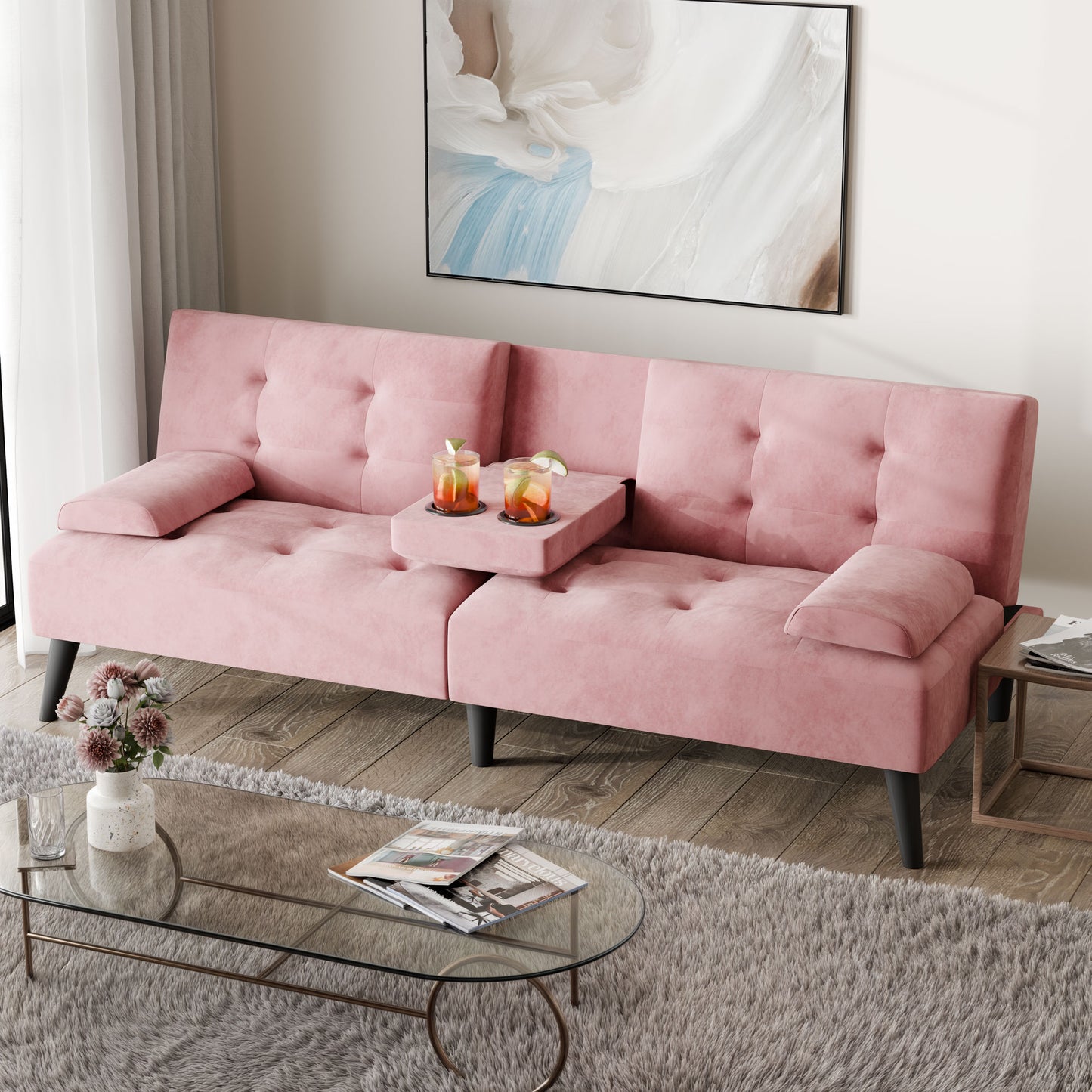 Walsunny Convertible Futon Sofa Bed, Foldable Futon Sleeper Sofa Bed with 2 Cup Holders, Folding Loveseat Recliner with 3-Angle Adjustment Modern Couch for Living Room, Small Space