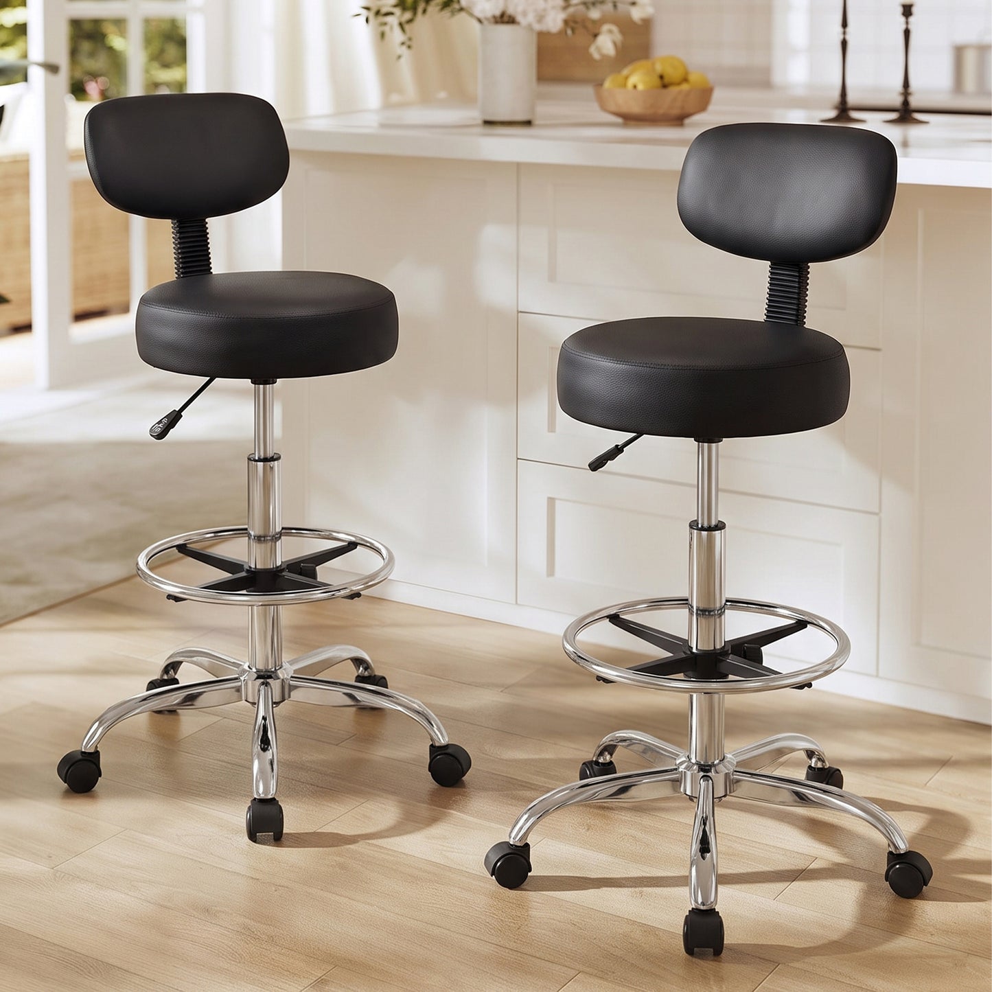 Walsunny Adjustable Bar Stools Set of 2 Leather Upholstered Swivel Counter Stools Counter Height Bar Stools with Large Base, Room Bar, Black