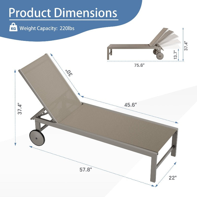 Walsunny Patio Furniture 2 Pieces Outdoor Lounge Chairs With Wheels#color_khaki