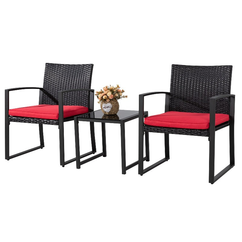 Walsunny 3 Pieces Outdoor Bistro Set With Cushions, Rattan Wicker#color_red