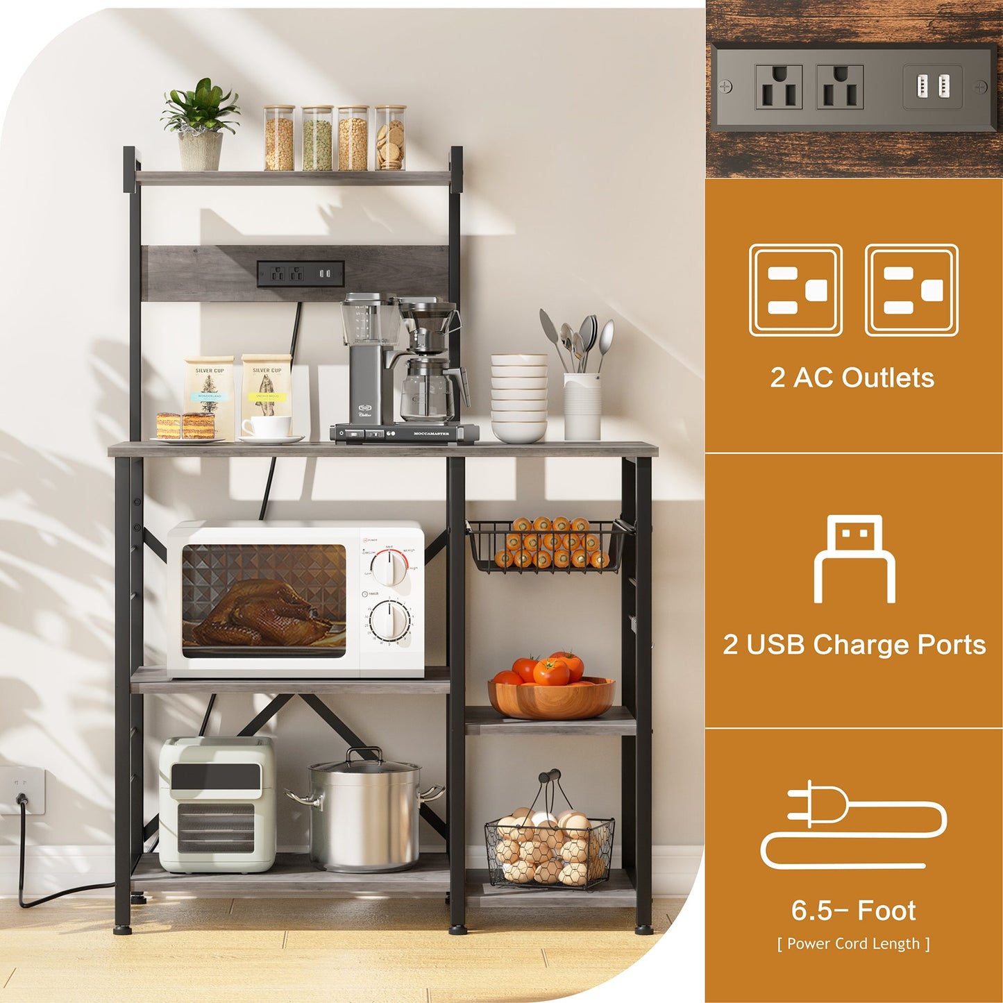 WALSUNNY Kitchen Baking Rack with Outle, Freestanding Kitchen Storage Rack Organizer