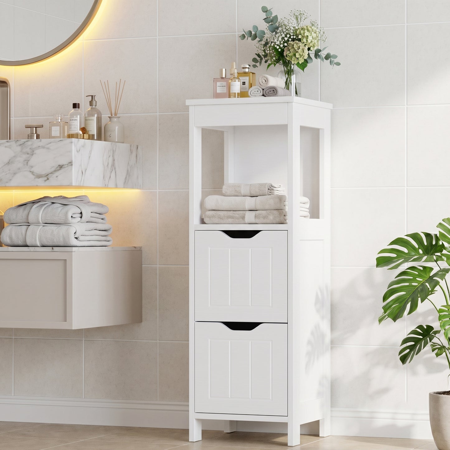 Walsunny Bathroom Storage Cabinets Floor Cabinet Organizer Freestanding Narrow Cabinet with Drawer Open Shelf for Bathroom Laundry