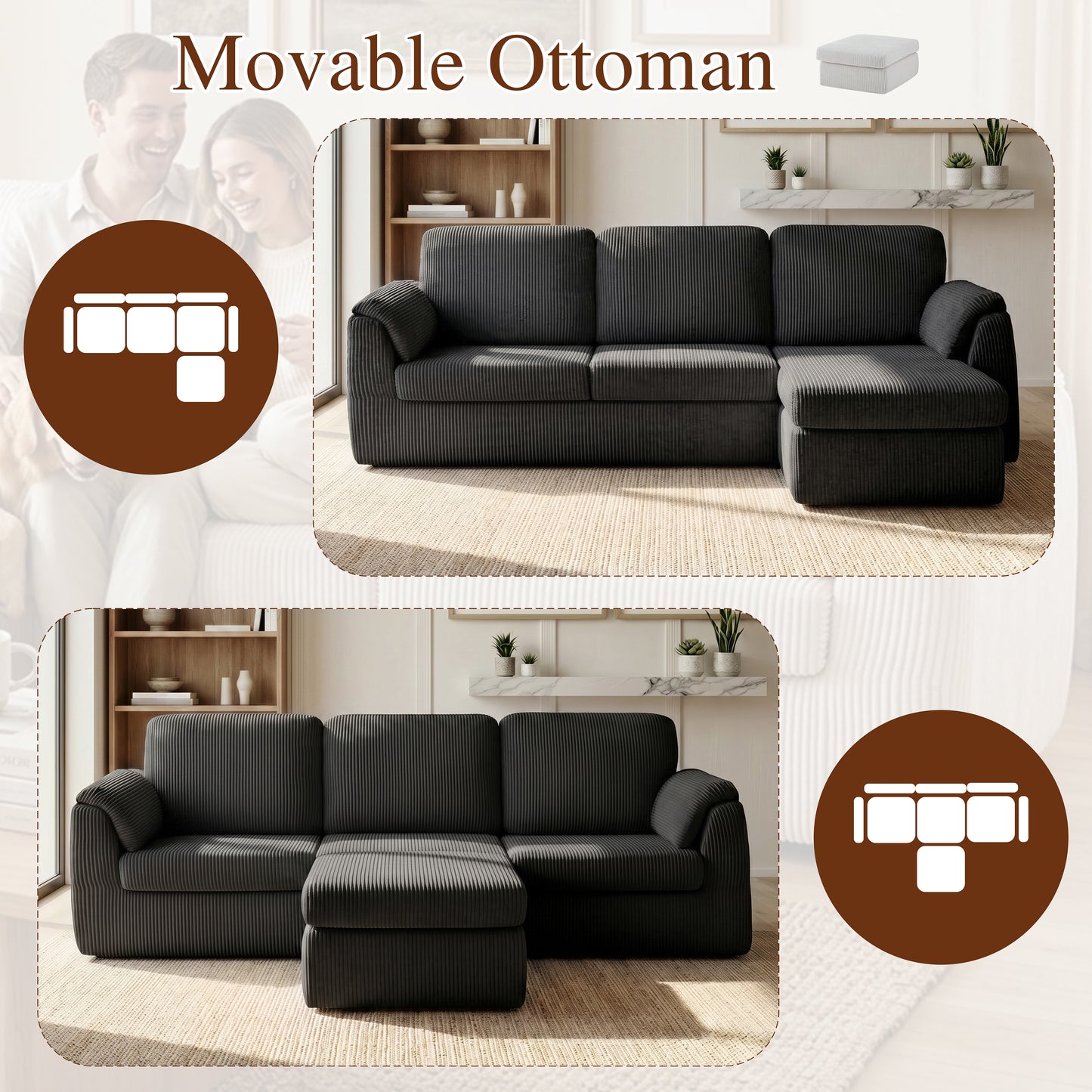 Walsunny Sectional Sofa with Storage Chaise and Ottoman, 3 Seat L-shaped Sofa Couch, Modern Soft Fabric Modular Sofa for Living Room