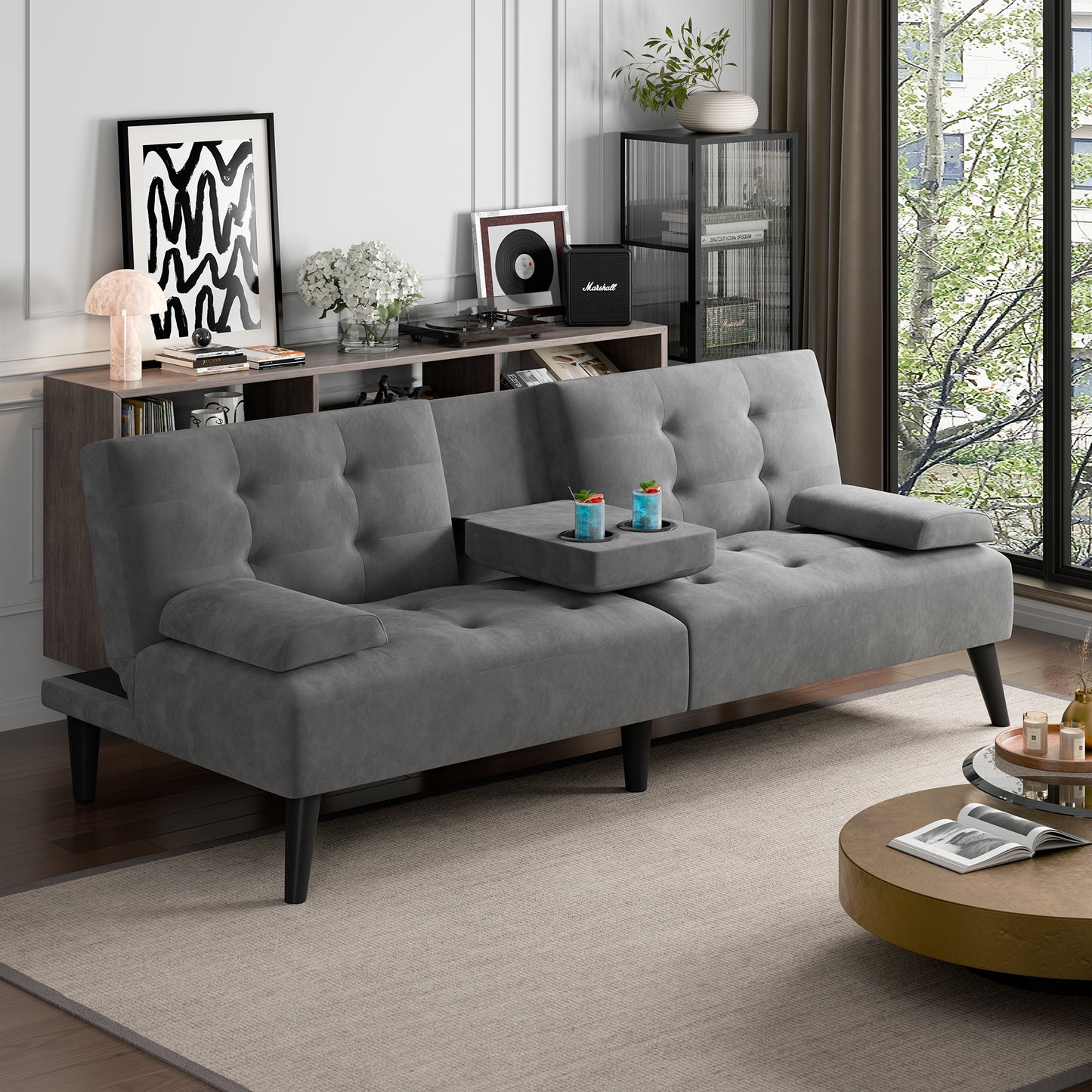 Walsunny Futon Sofa Bed with Hidden Cup Holders, Modern Convertible Folding Futon Couch with 3-Angle Adjustment for Living Room, Small Space