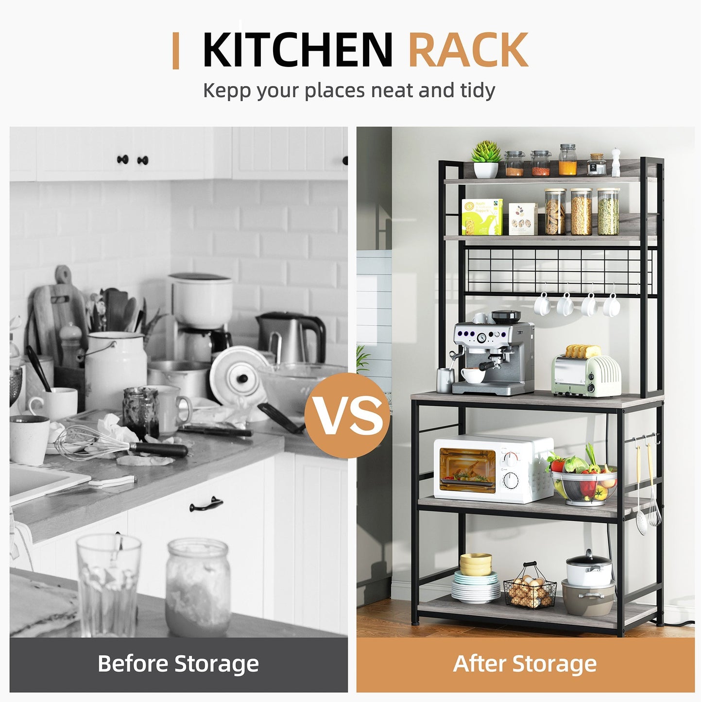 Walsunny Kitchen Bakers Rack with Power Outlet, Coffee Bar Table 3Tiers （Clearance）
