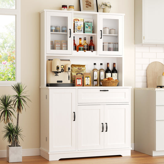 Walsunny Pantry Cabinet with Microwave Shelf Doors Drawer for Kitchen Storage 68" Tall Kitchen Food Cabinet Pantry Organizer Shelves Coffee Bar Cabinet with Hutch