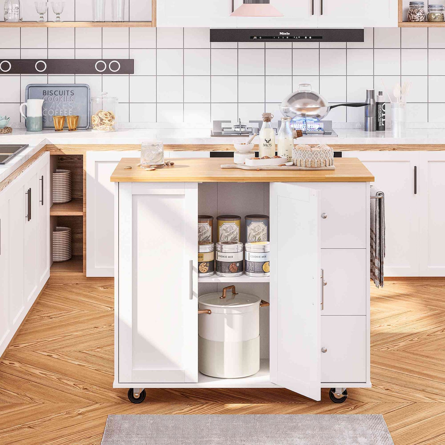 Walsunny Kitchen Island on Wheels with Storage Cabinet & Foldable Drop Leaf, 39.7" Width Rolling Kitchen Table