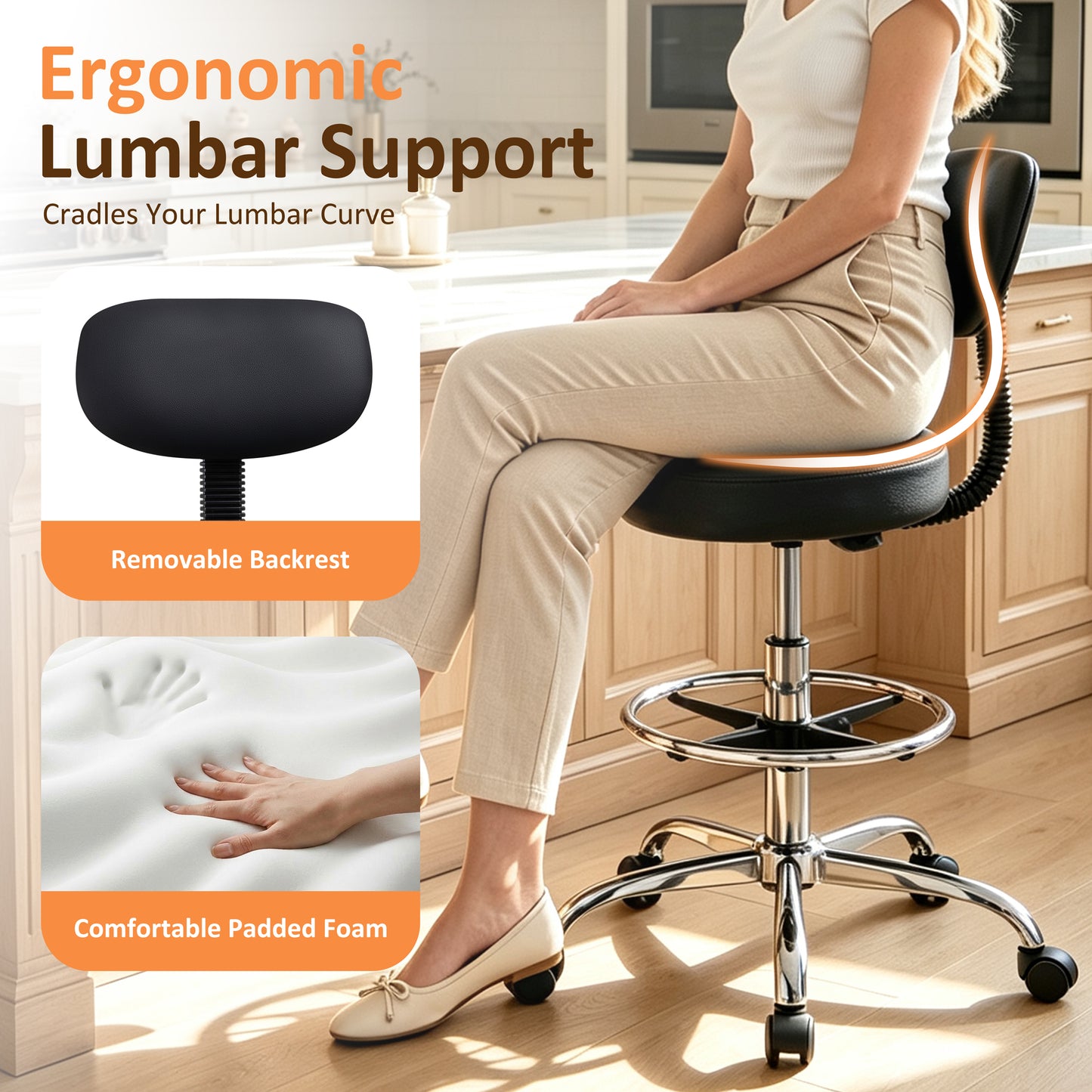 Walsunny Adjustable Bar Stools Set of 2 Leather Upholstered Swivel Counter Stools Counter Height Bar Stools with Large Base, Room Bar, Black