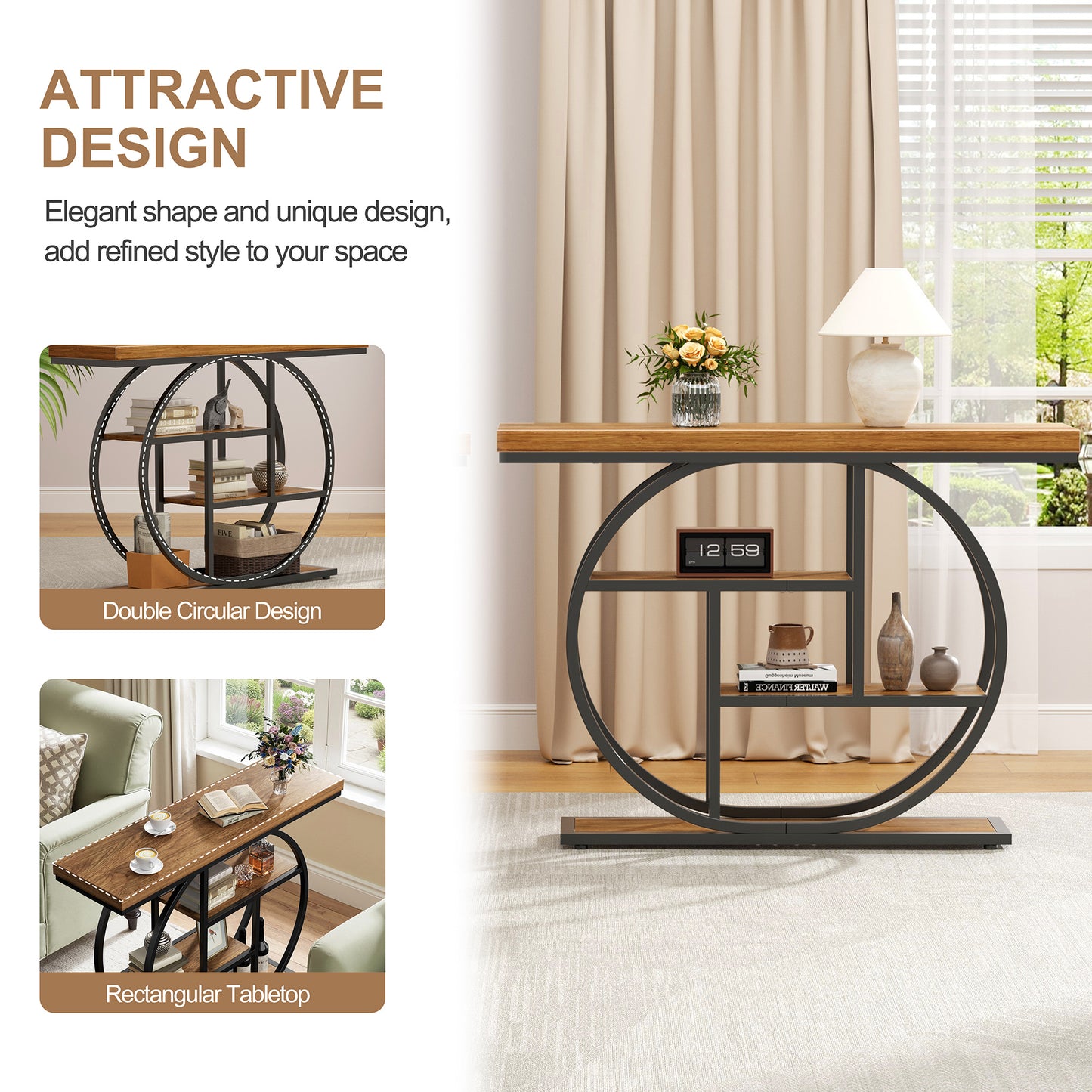 Walsunny Industrial 4-Tier Console Table, Entryway End Table with Circular Metal Frame, Narrow Wood Side Table with Storage Shelves for Living Room, Bedroom