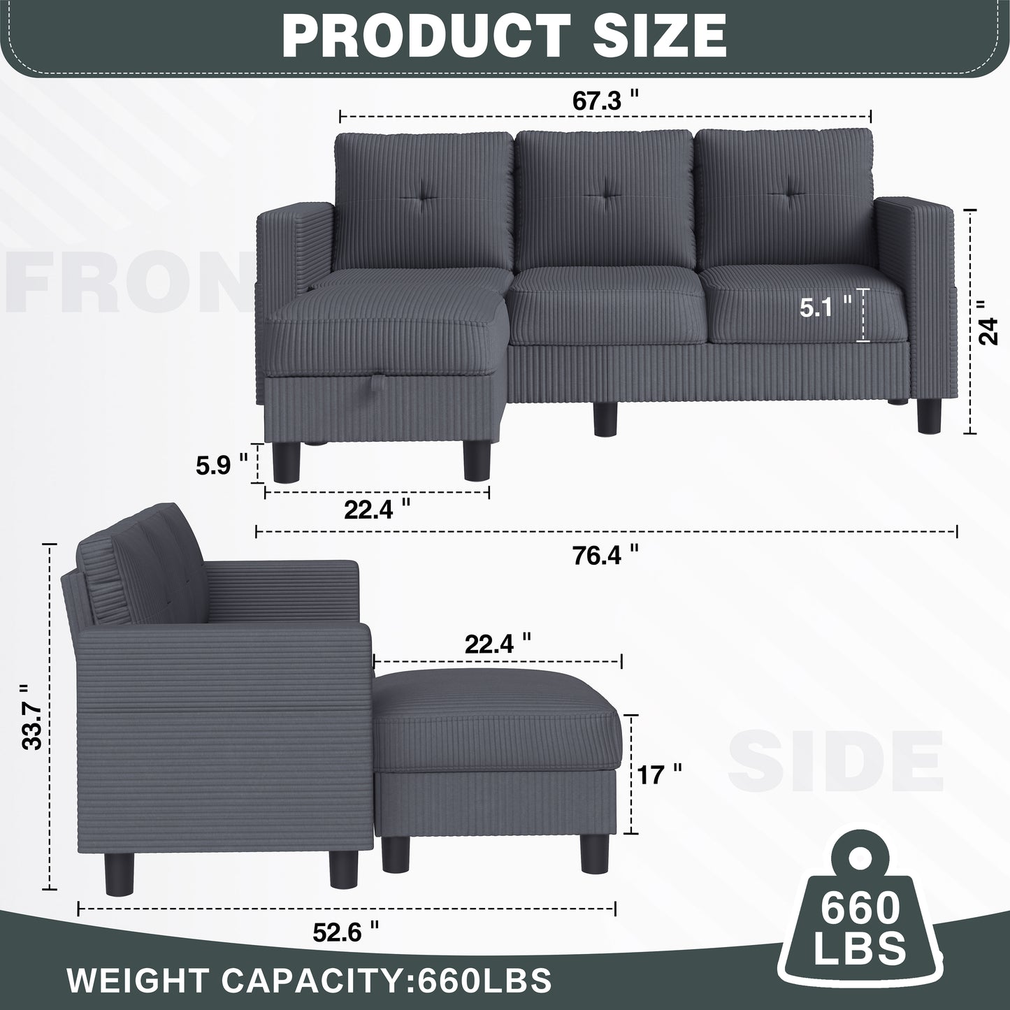 Walsunny 3-Seat L Shaped Modern Sectional Sofa with Storage Ottoman and Side Pockets US80