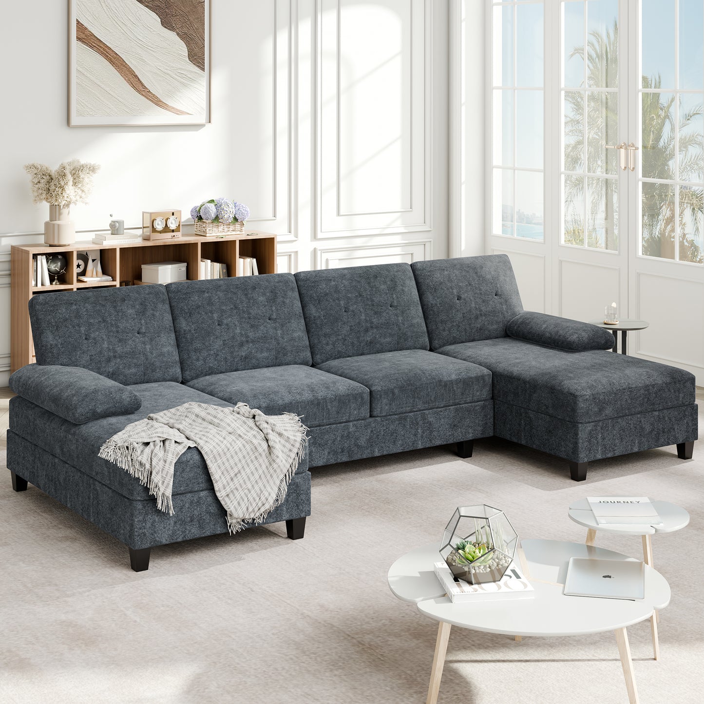 Walsunny U-Shaped Sectional Sofa Couch, 4 Seat U Shaped Oversized Clearance Sofa Set with Double Chaise for Living Room