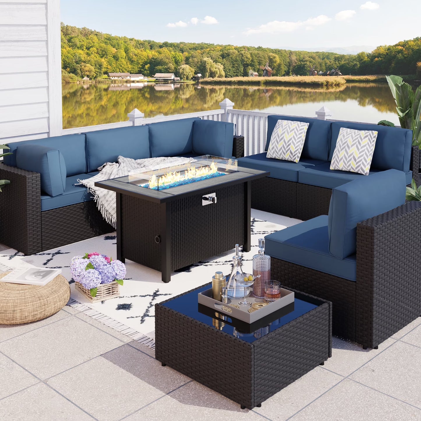 Walsunny 8 Pieces Patio Wicker Rattan Fire Pit Furniture Conversation Sets with Outdoor Sectional Sofa,45" Gas Propane Fire Pit Table,Glass Coffee Table,Black Rattan Aegean Blue Cushion