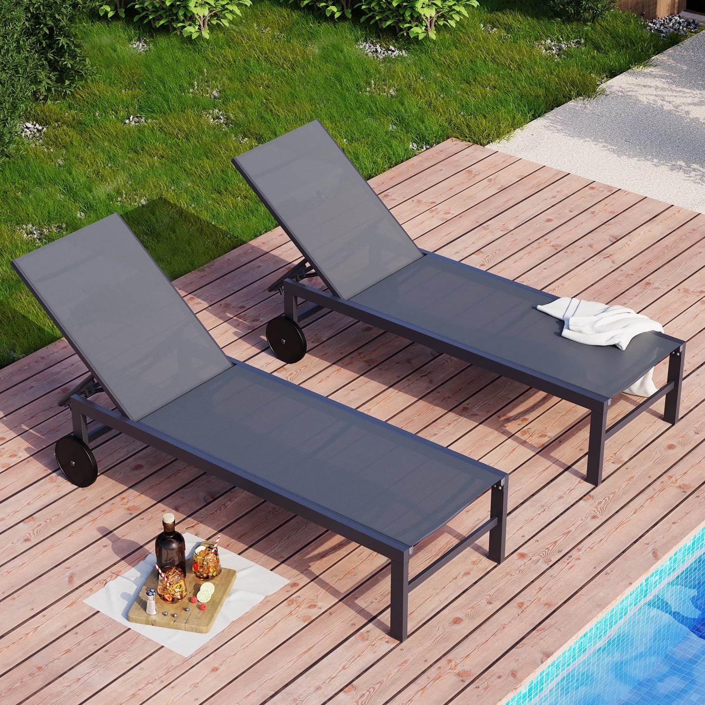 Walsunny 2 Pieces Patio Chaise Lounge, Texilene Folding Reclining Set