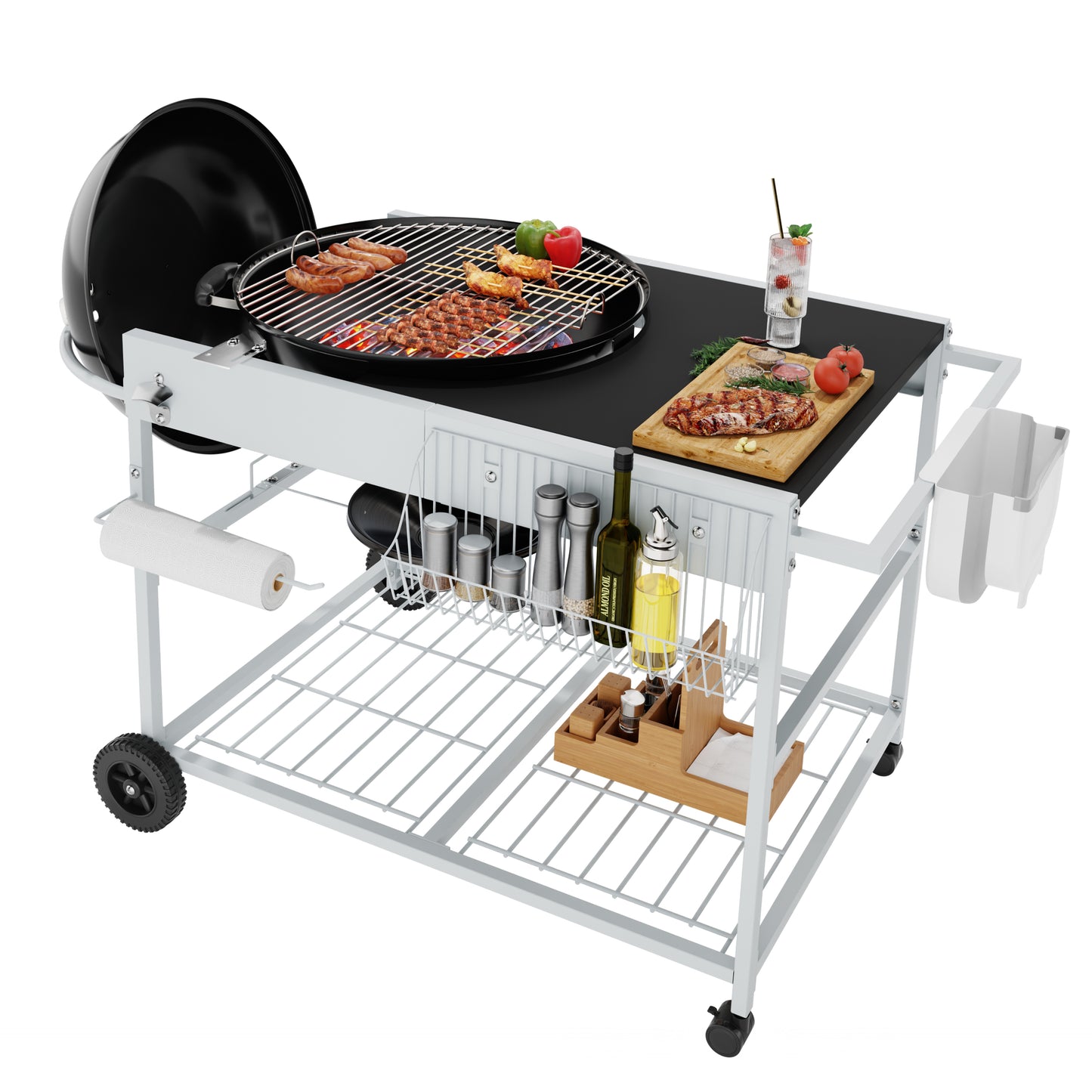 Walsunny Outdoor Grill Prep Table Cart for Weber 22"&18" Kettle, Universal Grill Table Stand Cart for Performer, Master-Touch, JumboJoe Charcoal Grills with Sliding Lid Rack, Lockable Wheels