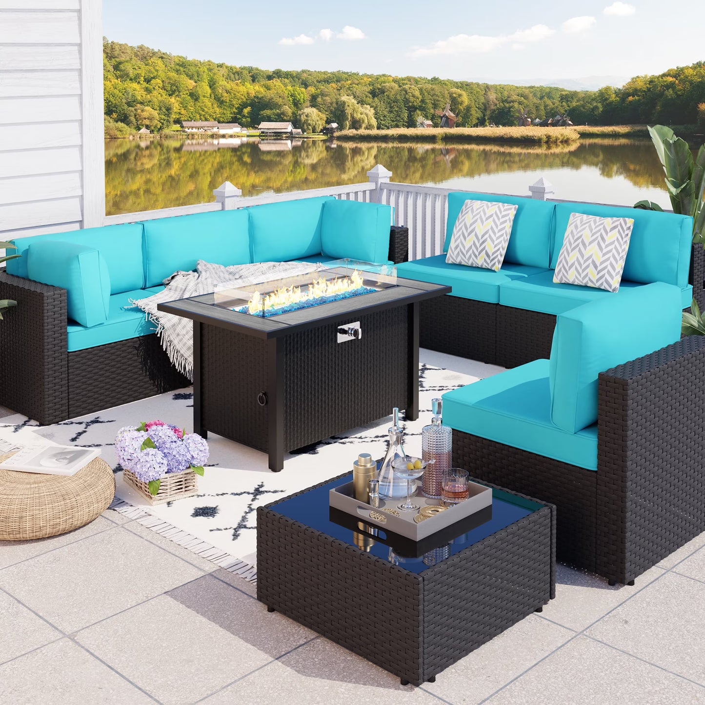 Walsunny 8 Pieces Patio Wicker Rattan Fire Pit Furniture Conversation Sets with Outdoor Sectional Sofa,45" Gas Propane Fire Pit Table,Glass Coffee Table,Black Rattan Aegean Blue Cushion