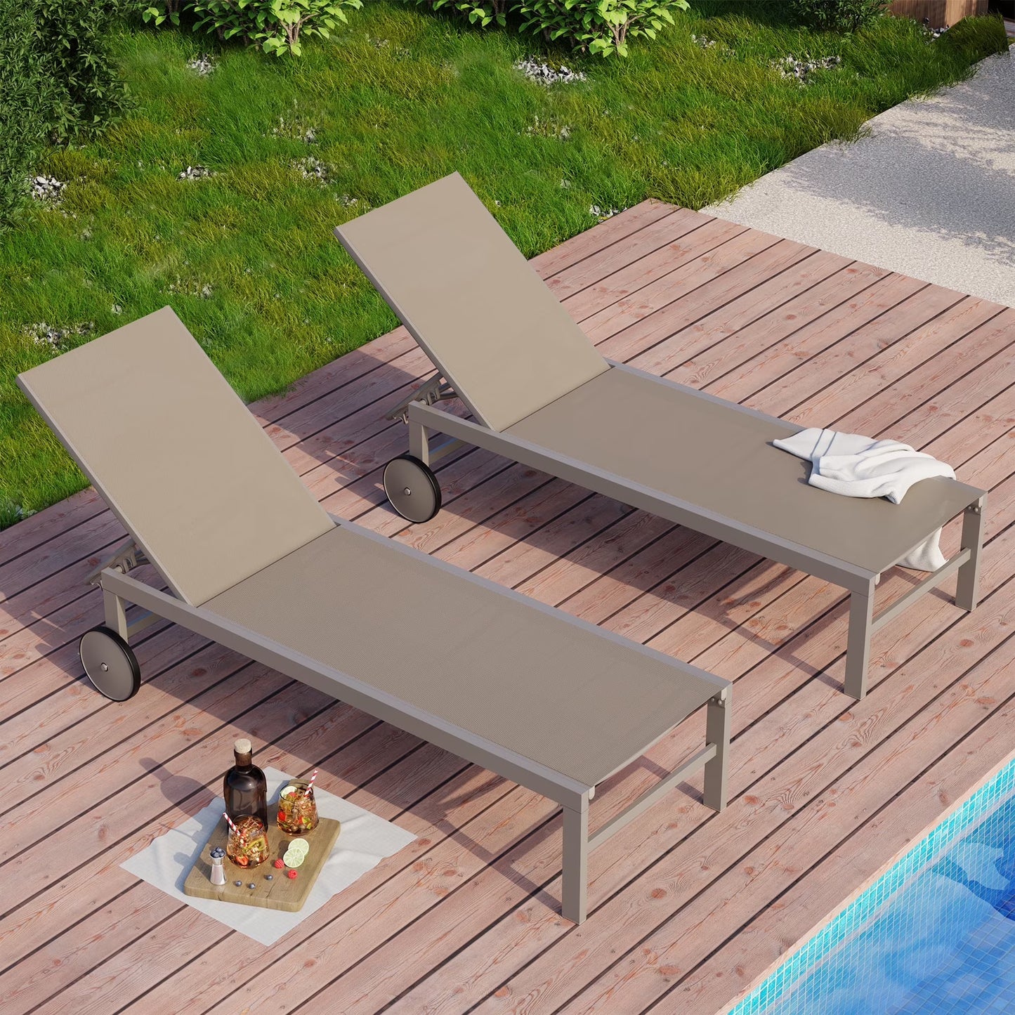 Walsunny 2 Pieces Patio Chaise Lounge, Texilene Folding Reclining Set
