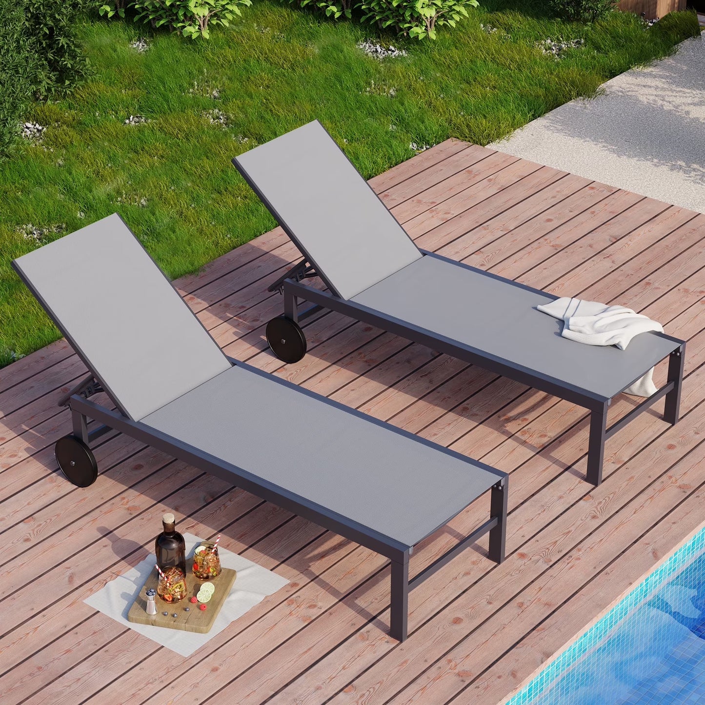 Walsunny 2 Pieces Patio Chaise Lounge, Texilene Folding Reclining Set