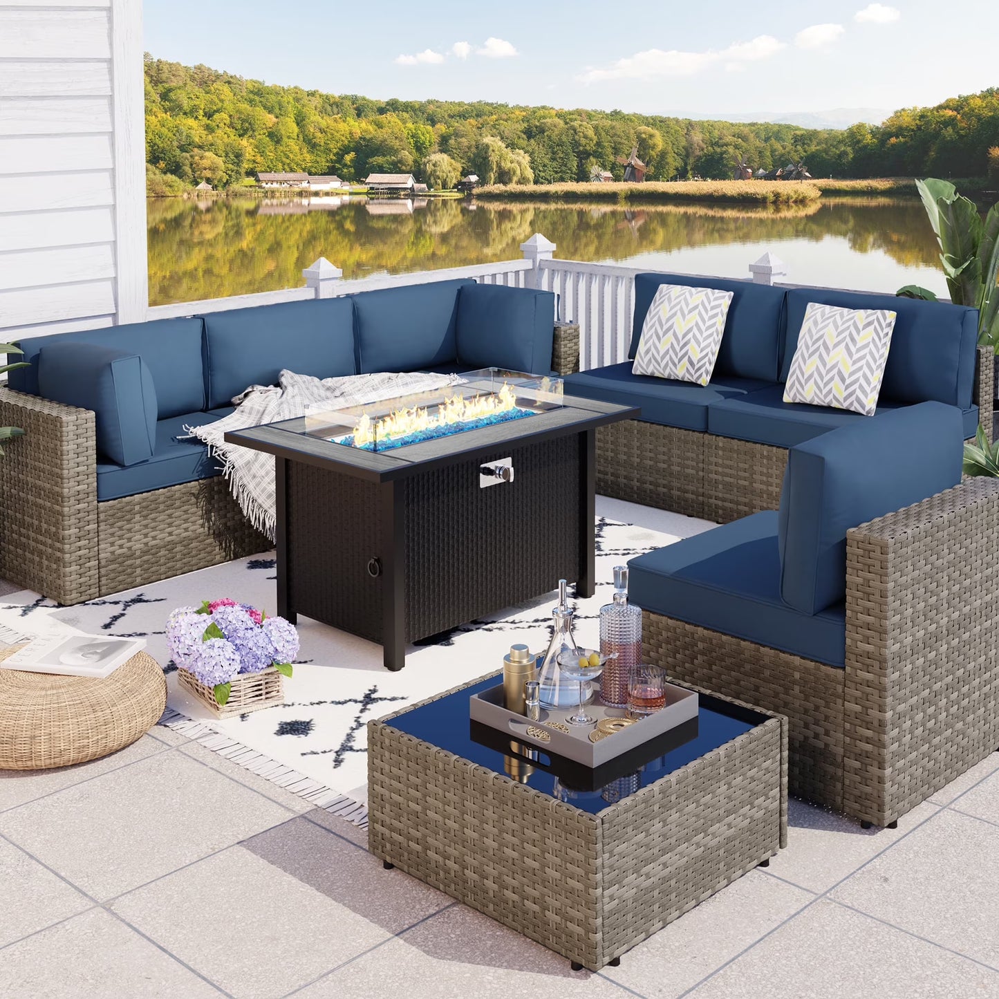 Walsunny 8 Pieces Patio Wicker Rattan Fire Pit Furniture Conversation Sets with Outdoor Sectional Sofa,45" Gas Propane Fire Pit Table,Glass Coffee Table,Black Rattan Aegean Blue Cushion