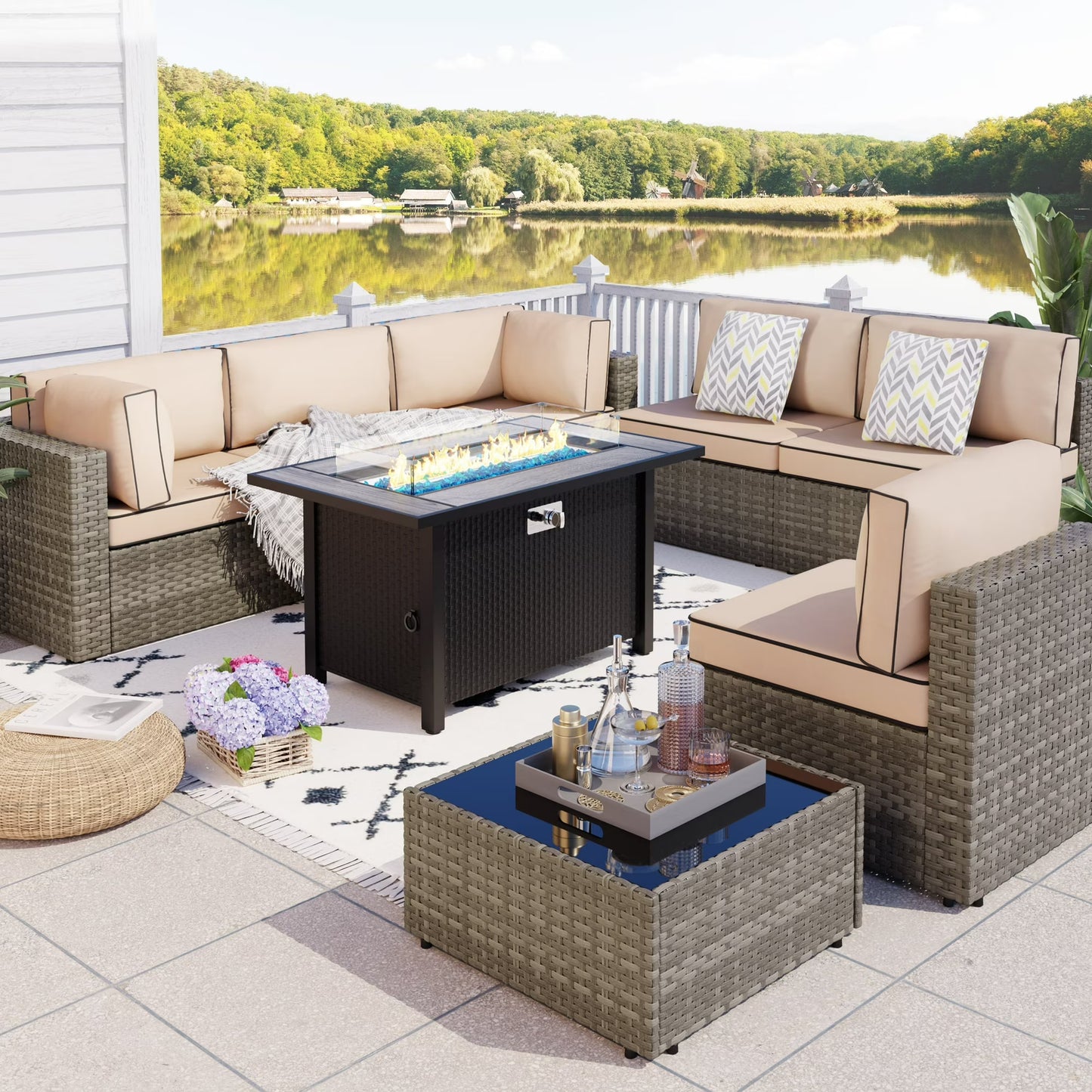 Walsunny 8 Pieces Patio Wicker Rattan Fire Pit Furniture Conversation Sets with Outdoor Sectional Sofa,45" Gas Propane Fire Pit Table,Glass Coffee Table,Black Rattan Aegean Blue Cushion