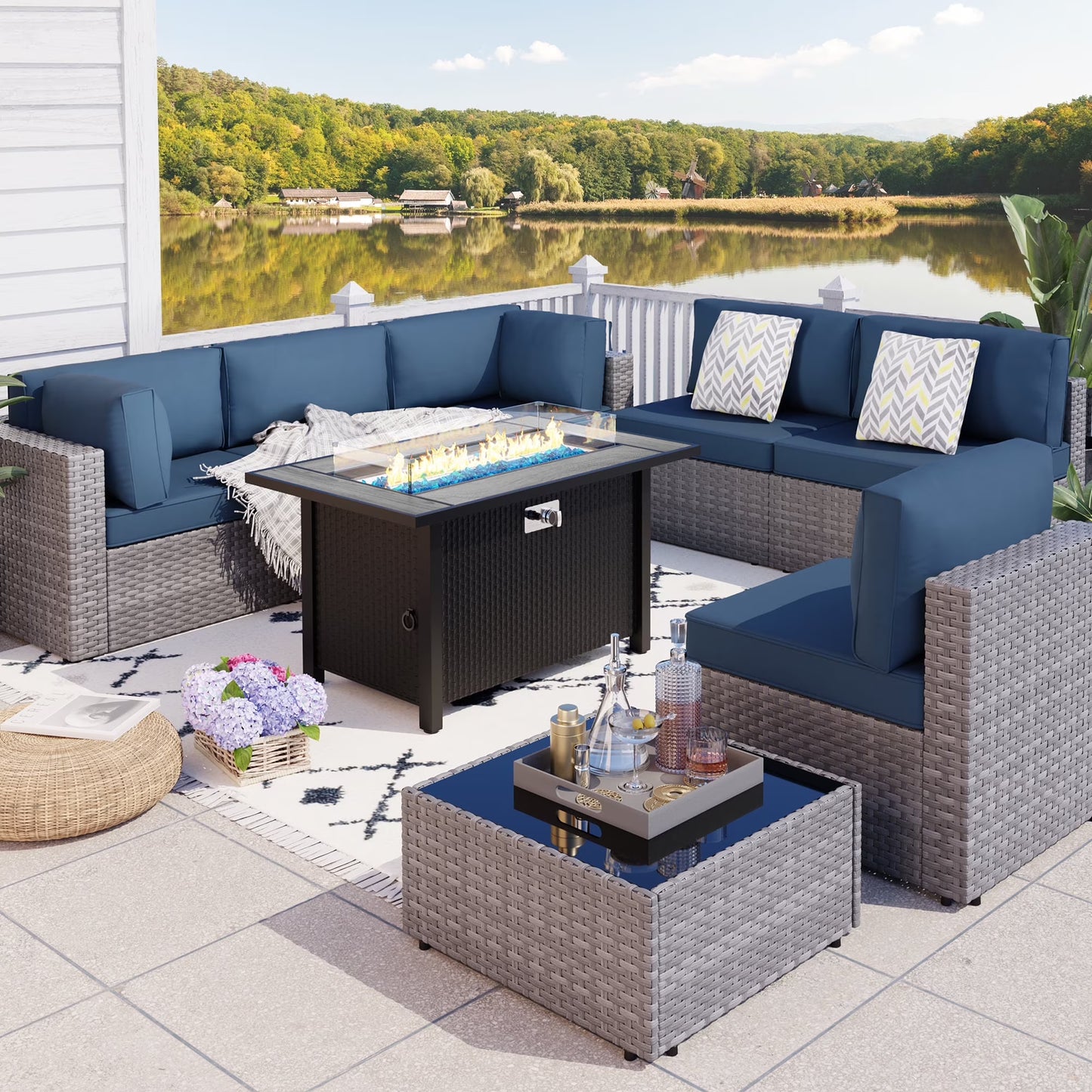 Walsunny 8 Pieces Patio Wicker Rattan Fire Pit Furniture Conversation Sets with Outdoor Sectional Sofa,45" Gas Propane Fire Pit Table,Glass Coffee Table,Black Rattan Aegean Blue Cushion