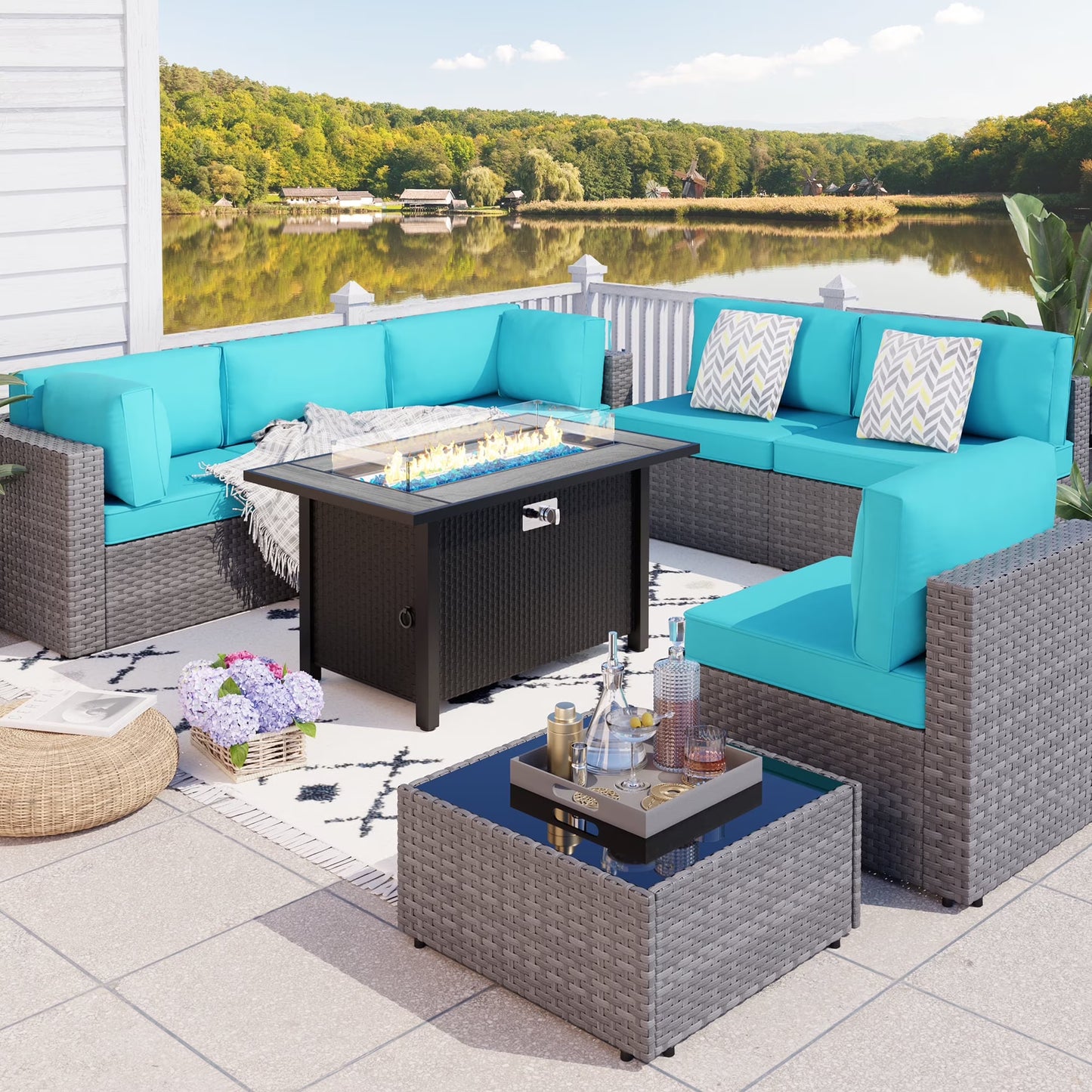 Walsunny 8 Pieces Patio Wicker Rattan Fire Pit Furniture Conversation Sets with Outdoor Sectional Sofa,45" Gas Propane Fire Pit Table,Glass Coffee Table,Black Rattan Aegean Blue Cushion
