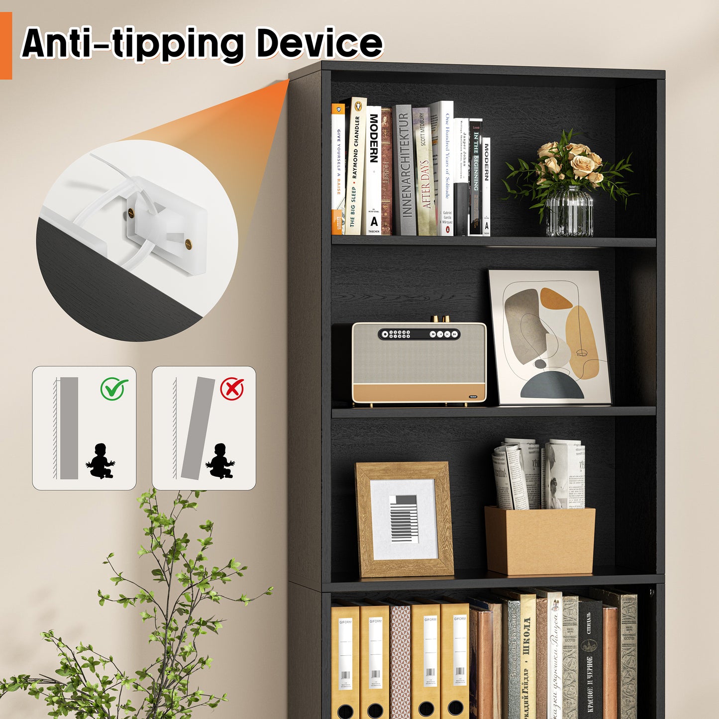 Walsunny 6 Tier Bookshelf Standard Wooden Bookcase Display Shelf with Storage Anti-tipping Device for Home Office Living Room