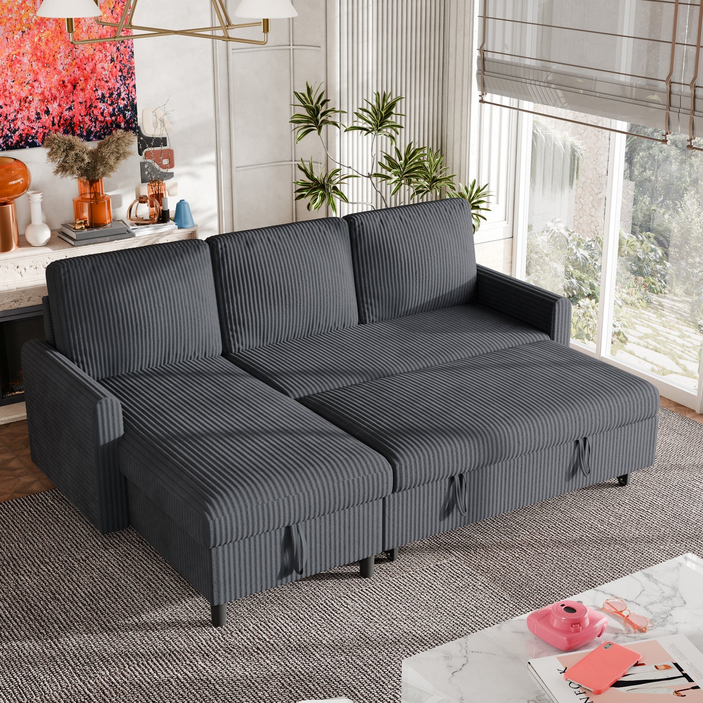 Walsunny Sectional Sofa Couch Bed Storage Chaise Sleeper Pull Out Sofa Couch for Living Room Deep Gray