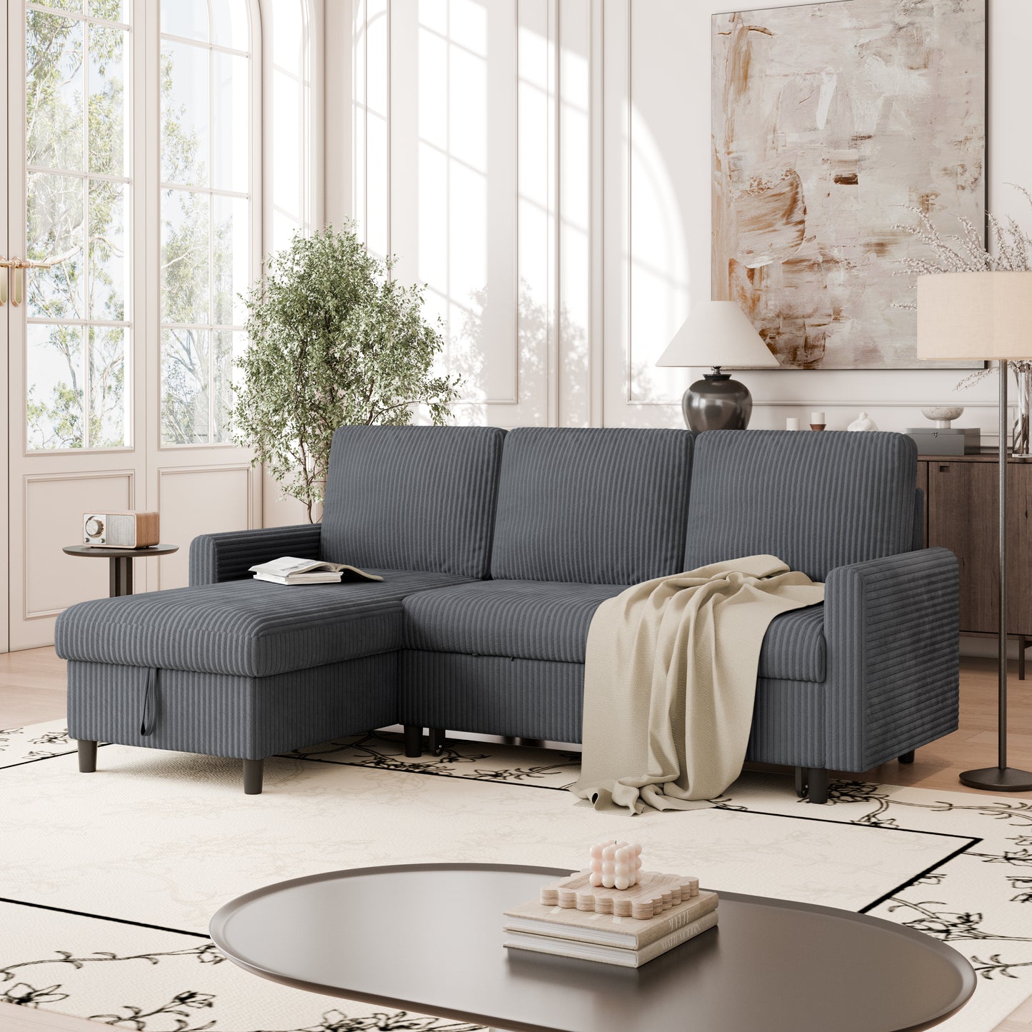 Walsunny Sectional Sofa Couch Bed Storage Chaise Sleeper Pull Out Sofa Couch for Living Room Deep Gray