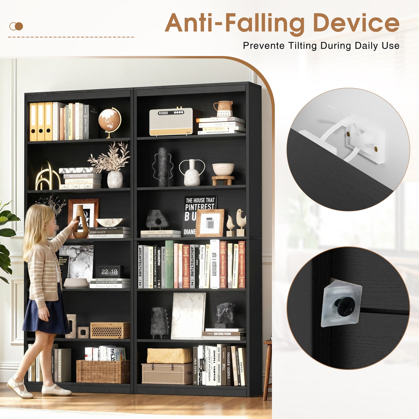 Walsunny 6 Tier Tall Bookshelf, Wooden Bookcase Display Shelf, Space-Saving Bookshelves with Deep Storage for Living Room, Office, Library