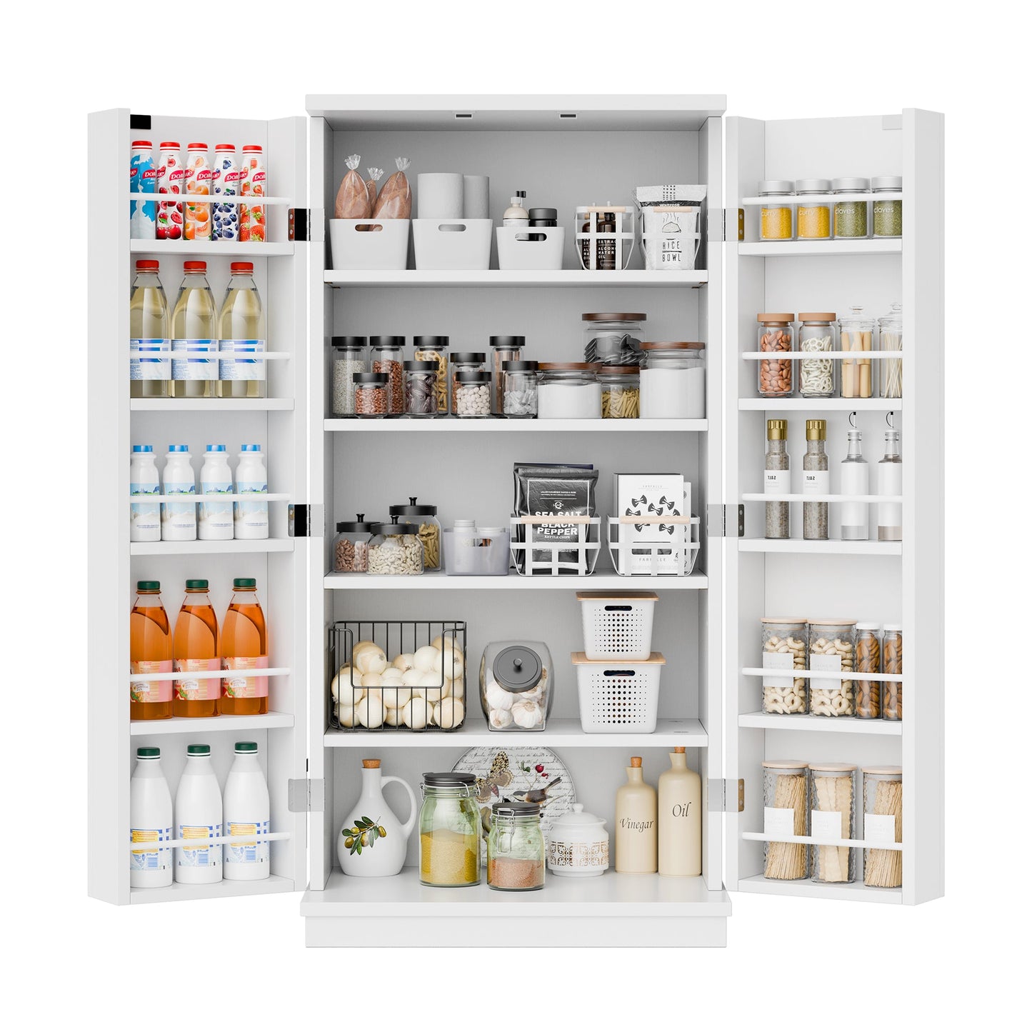 Walsunny 47" Kitchen Pantry Farmhouse Storage Cabinet with Adjustable Shelves, Racks and Doors Freestanding Kitchen Hutch Cupboard