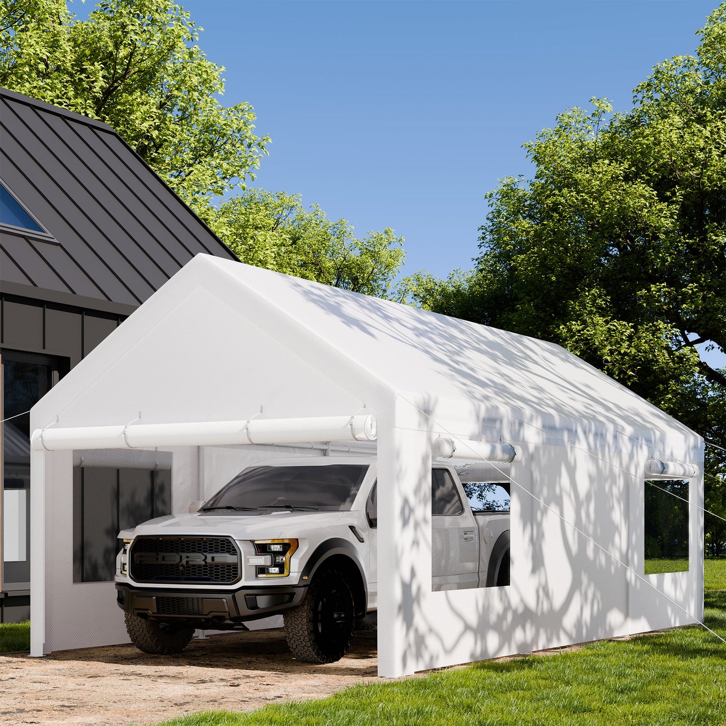 Walsunny Carport, 10x20 ft Heavy Duty Carport Canopy with Roll-up Windows, Portable Garage with Removable Sidewalls & Doors