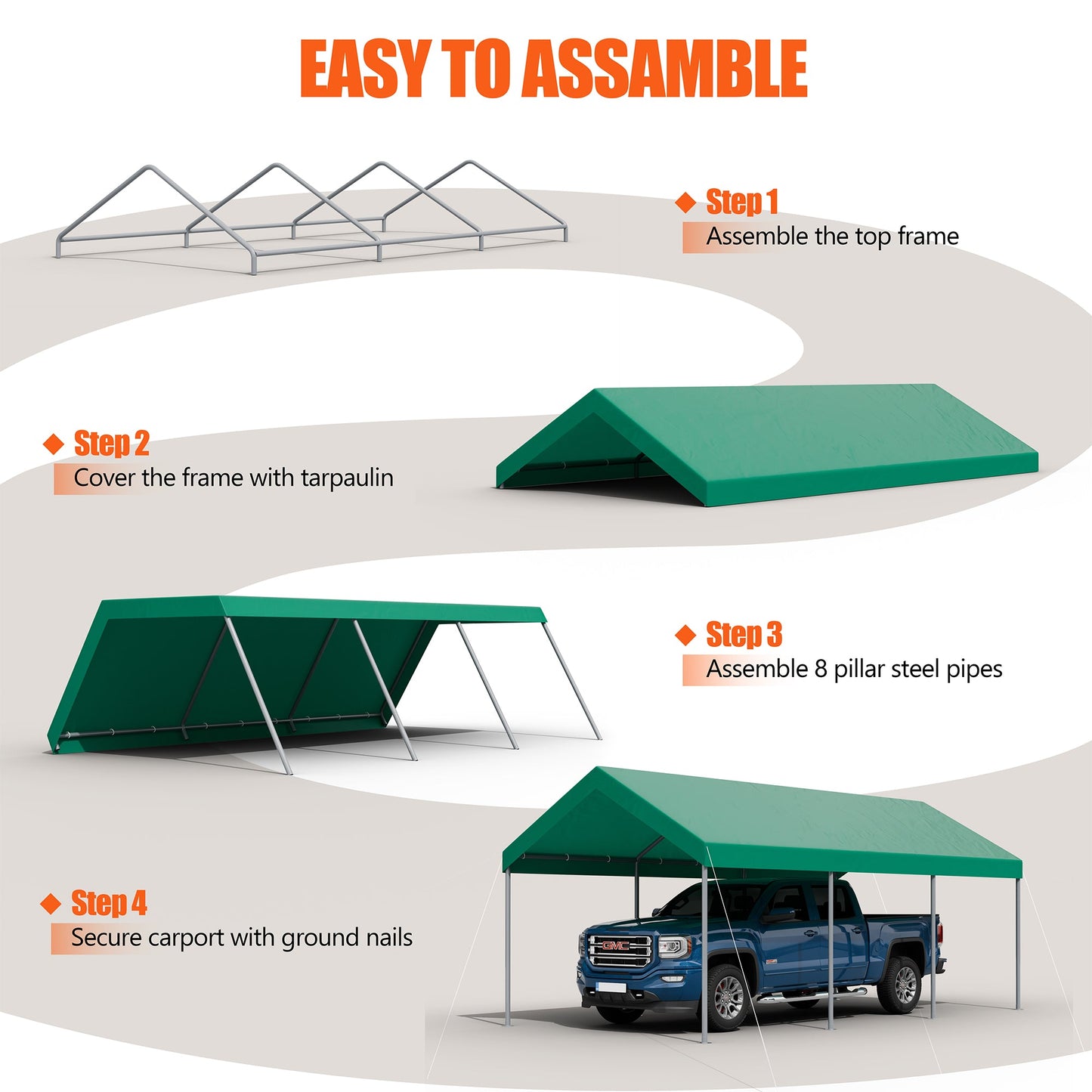Walsunny Carport 10 x 20 ft Heavy Duty Carport Car Canopy with Powder-Coated Steel Frame,  Shelter Party Tent with 180g PE Tarp for Wedding, Garden